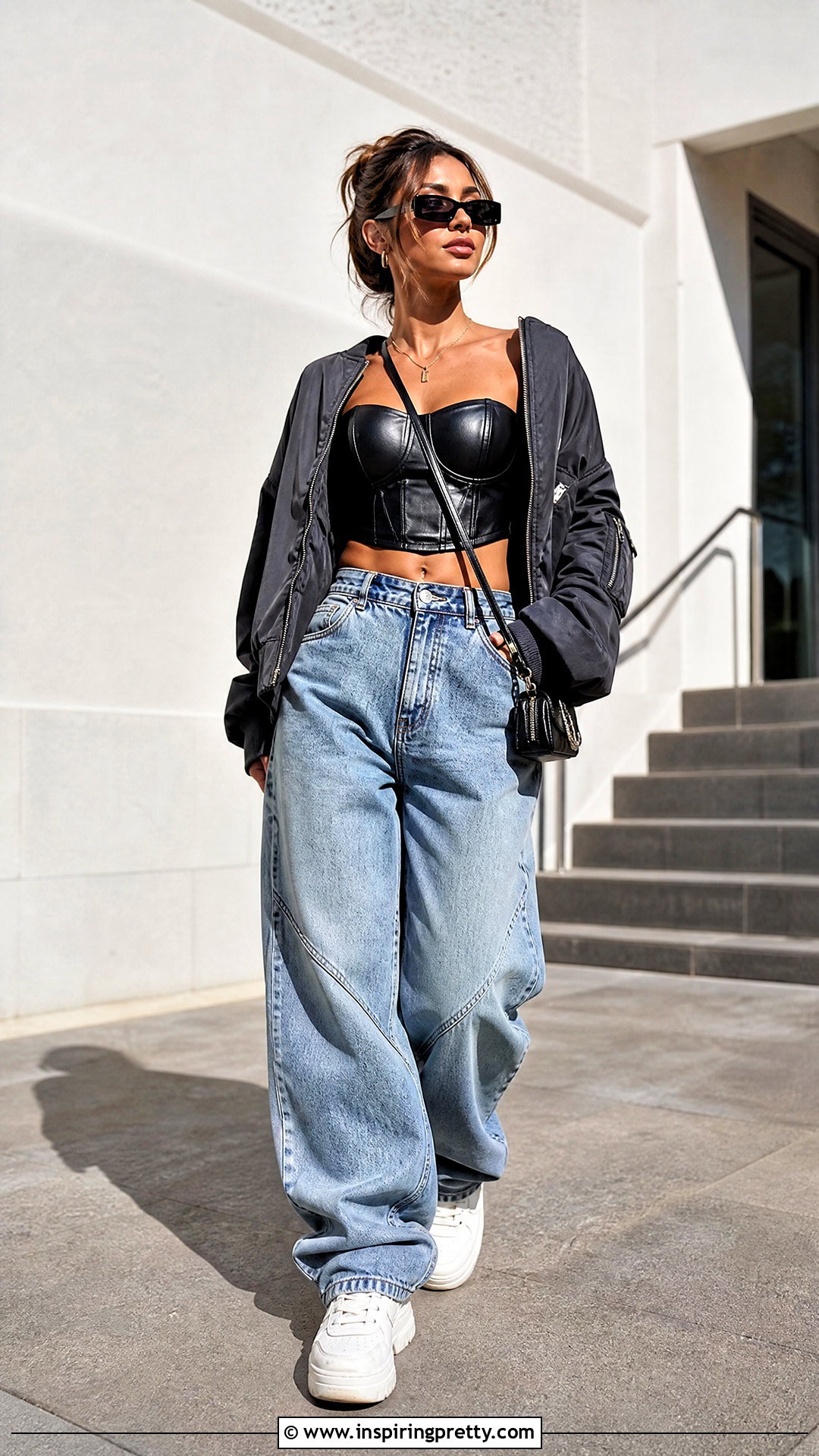 Leather Bustier Crop Top With Baggy Jeans - 20 Leather Bustier Crop Top outfit ideas