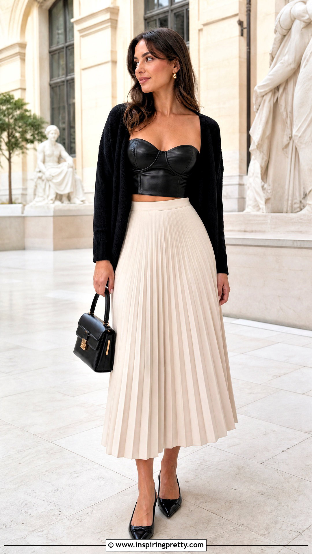 Leather Bustier Crop Top With Pleated Midi Skirt - 20 Leather Bustier Crop Top outfit ideas