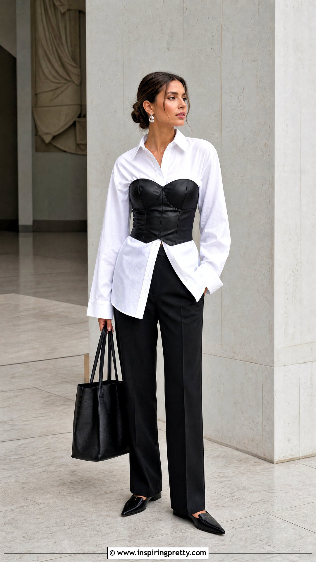 Leather Bustier Over White Button Down Shirt - How To Style Leather Tops (25 Ways)