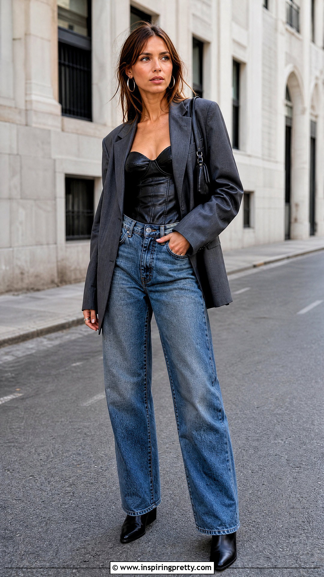 Leather Bustier Top With Relaxed Jeans - 50 bustier top outfits
