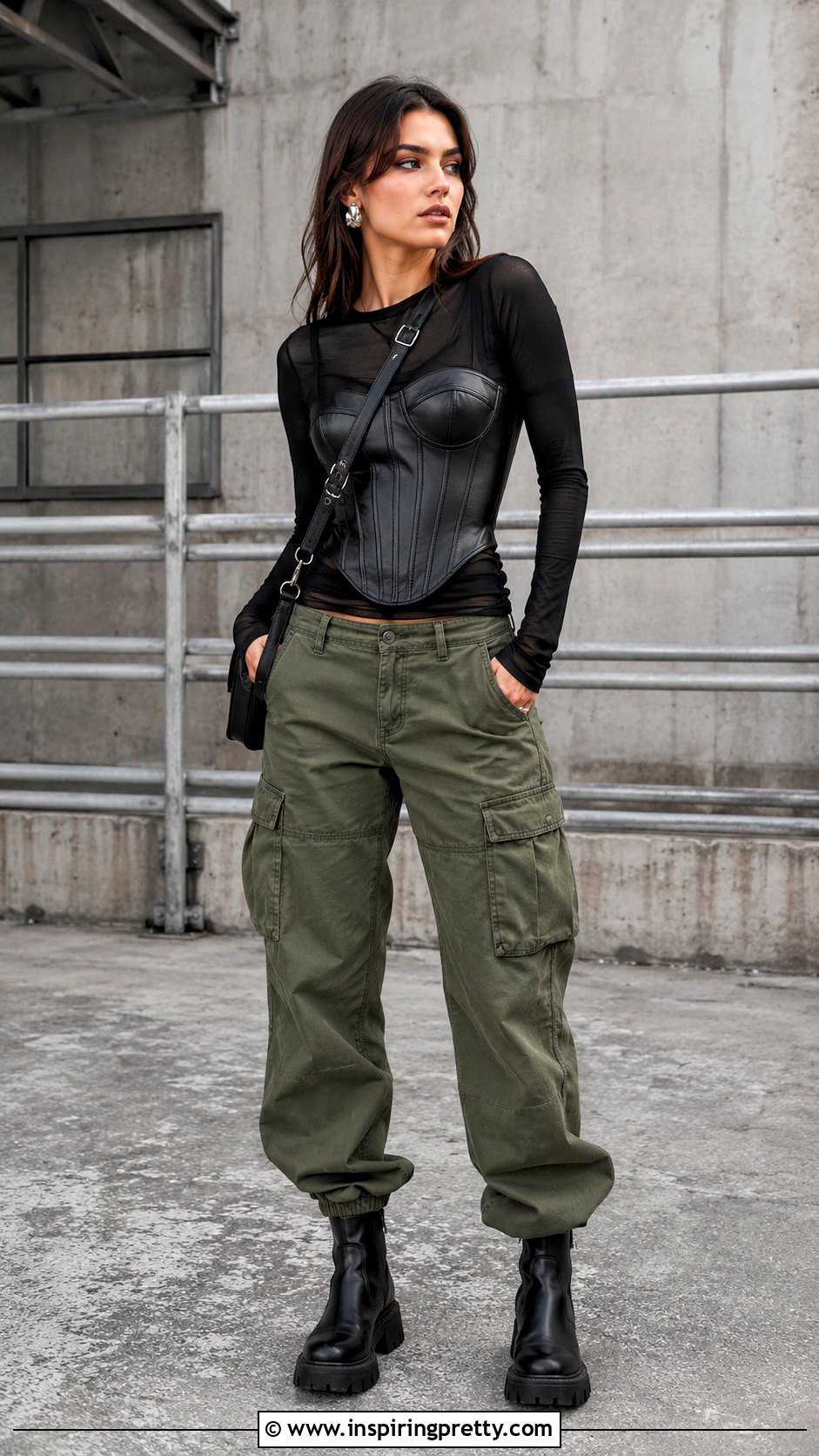 Leather Corset Top With Green Cargo Pants - 25 Cargo Corset Top outfit ideas
