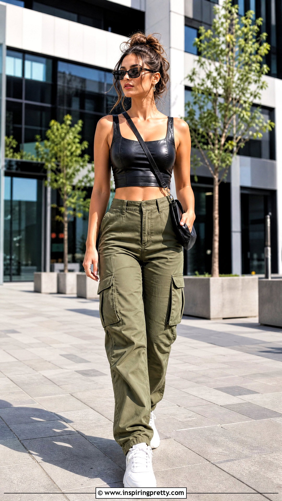Leather Crop Top With Cargo Pants - 25 Leather Top Outfit Women
