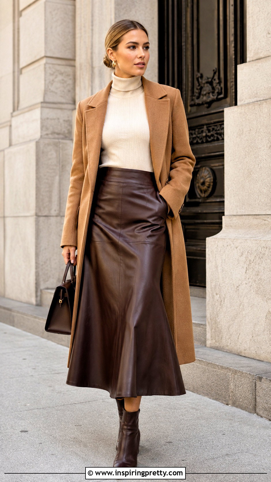 Leather Flare Skirt And Turtleneck Sweater Outfit - 50 flay skirt and top outfit ideas