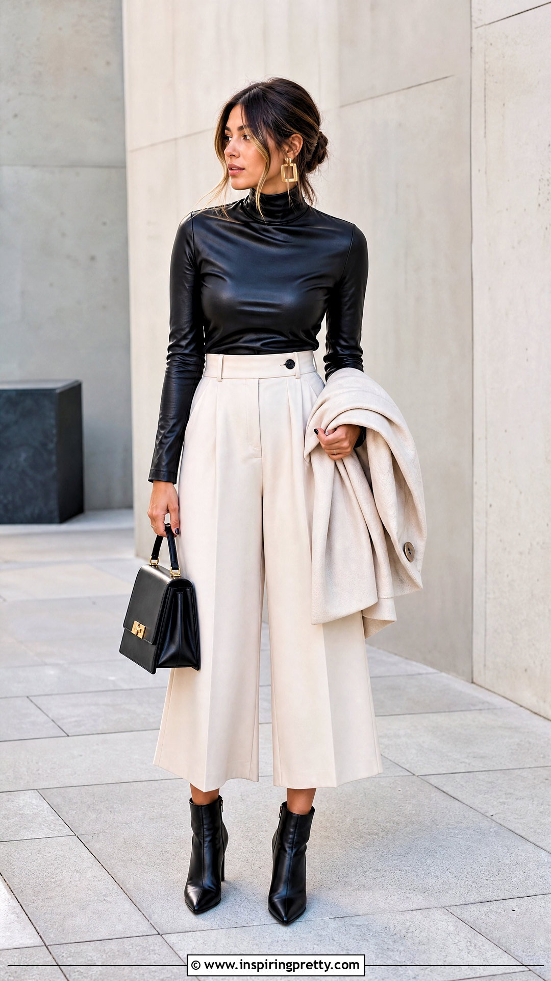 Leather High Neck Top With Culottes - 25 Leather High Neck Top outfit ideas