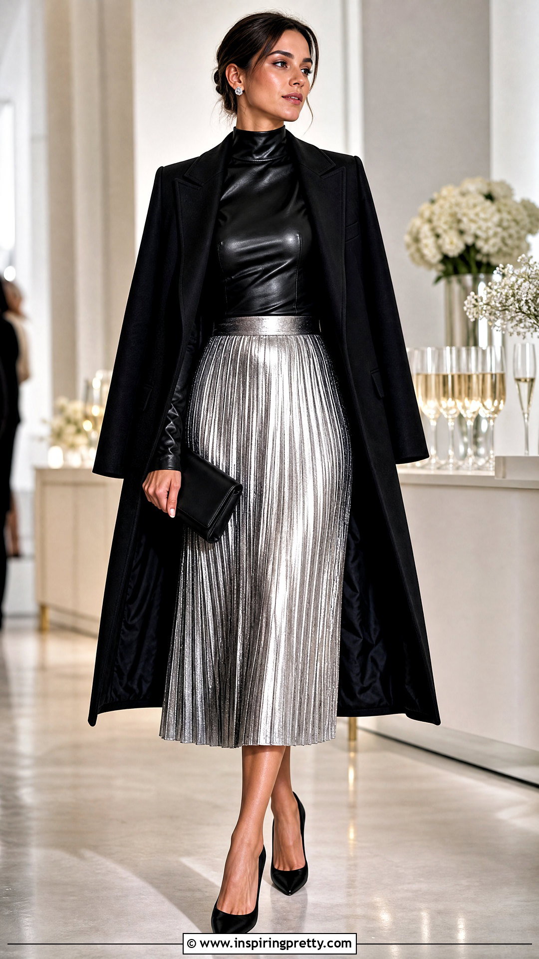 Leather High Neck Top With Metallic Midi Skirt - 25 Leather High Neck Top outfit ideas