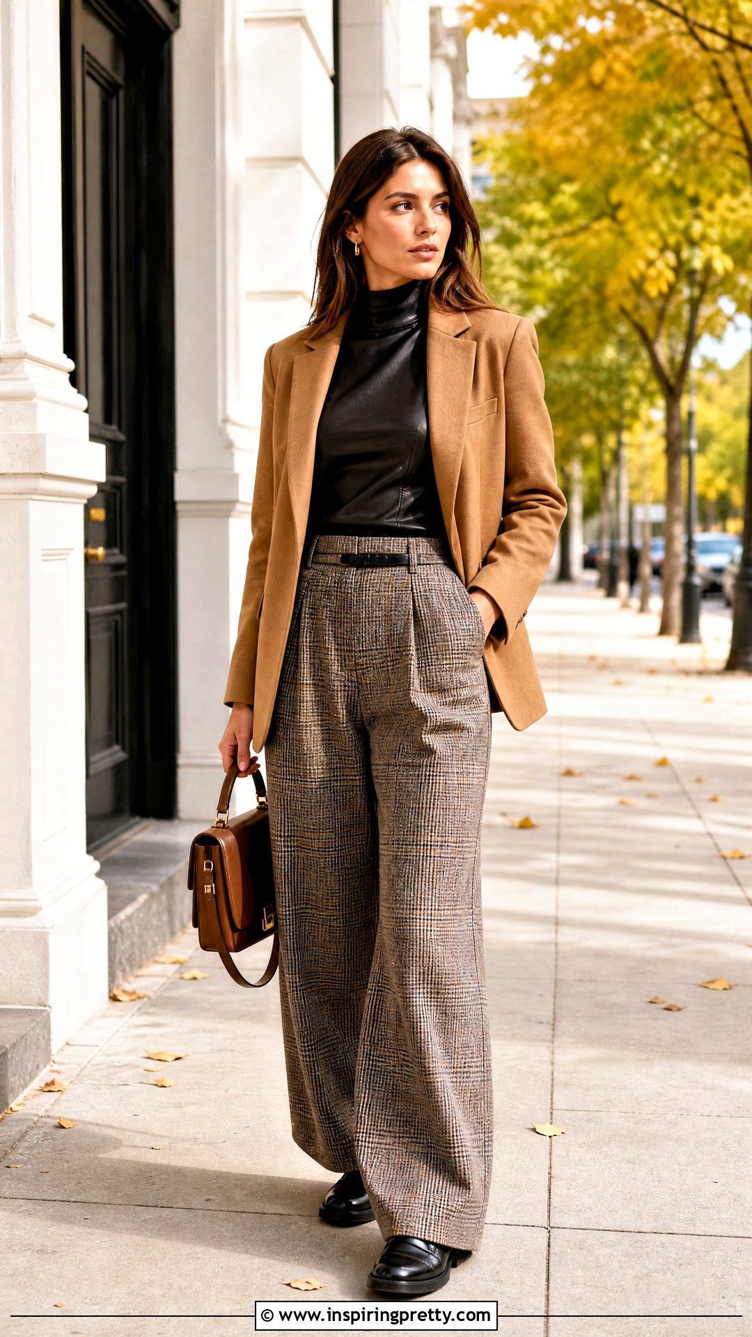 Leather High Neck Top With Plaid Trousers - 25 Leather High Neck Top outfit ideas
