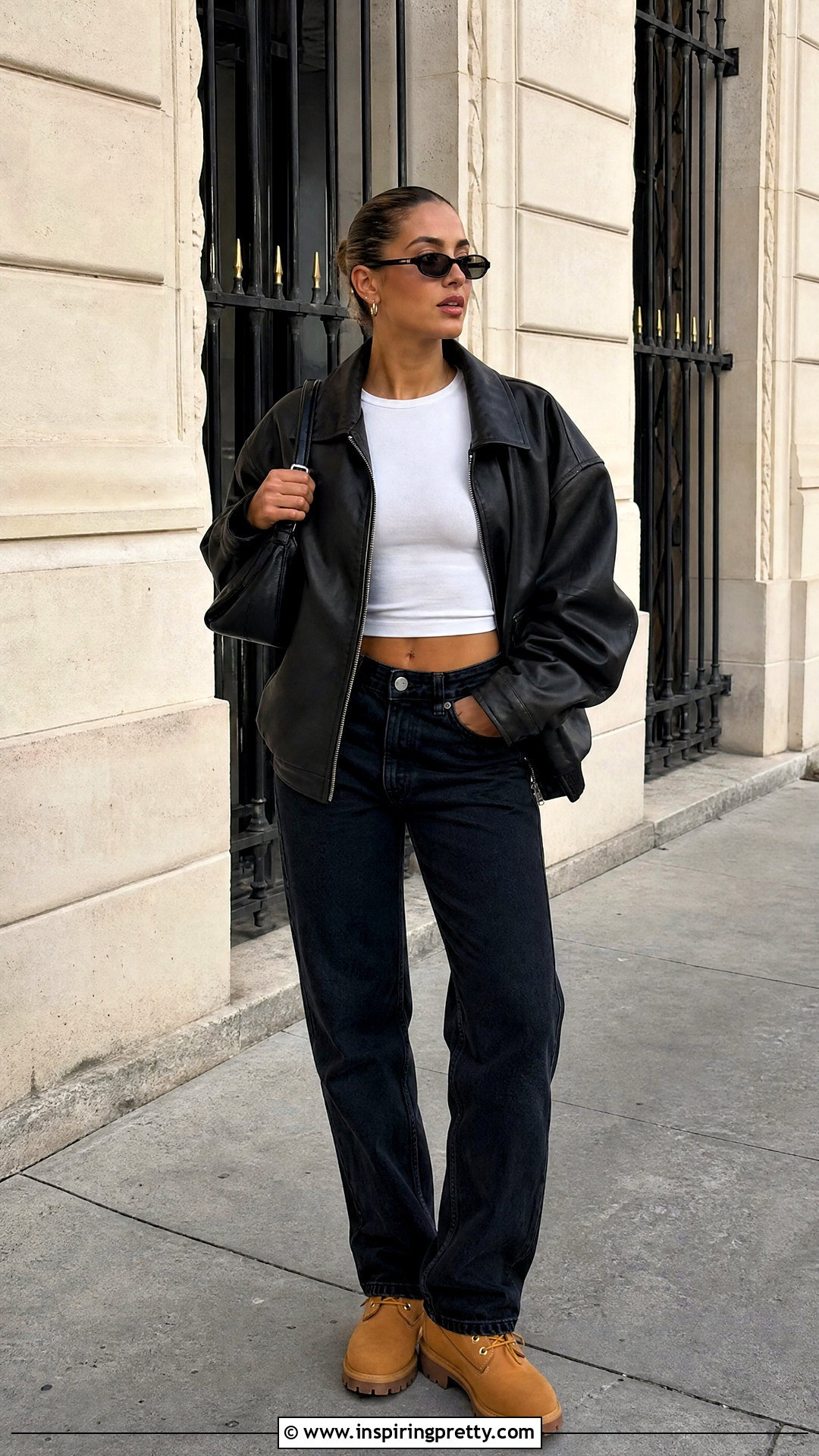 Leather Jacket Crop Top And Timberland Boots - 20 Timberland Crop Top outfit ideas