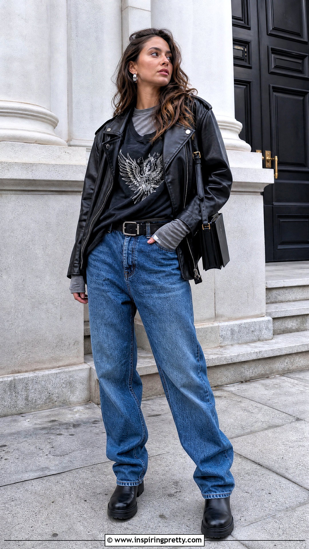 Leather Jacket Over Layered Tees Grunge Outfit - 20 Layered Tops Outfits Grunge Ideas