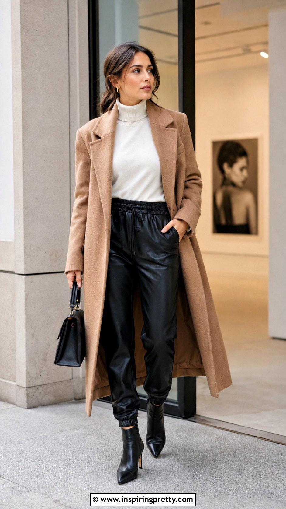 Leather Joggers With Ivory Turtleneck - 25 joggers and a nice top outfit ideas