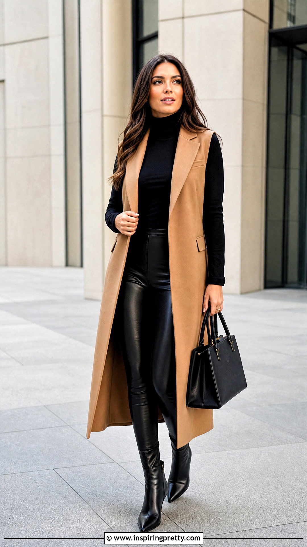 Leather Leggings With A Long Vest And Turtleneck - 25 Tops For Leather Leggings