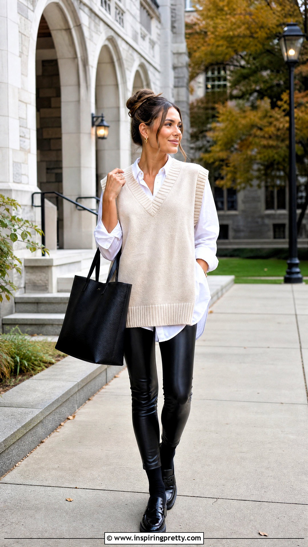 Leather Leggings With A Sweater Vest And Button Down - 25 Tops For Leather Leggings