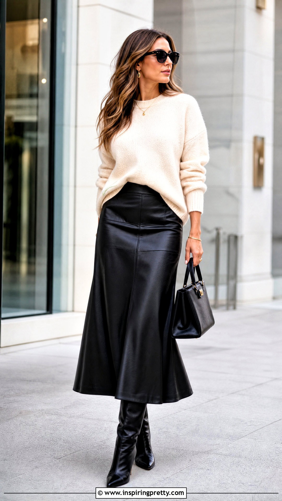 Leather Long Skirt With Cashmere Sweater - 50 long skirt and top outfit ideas