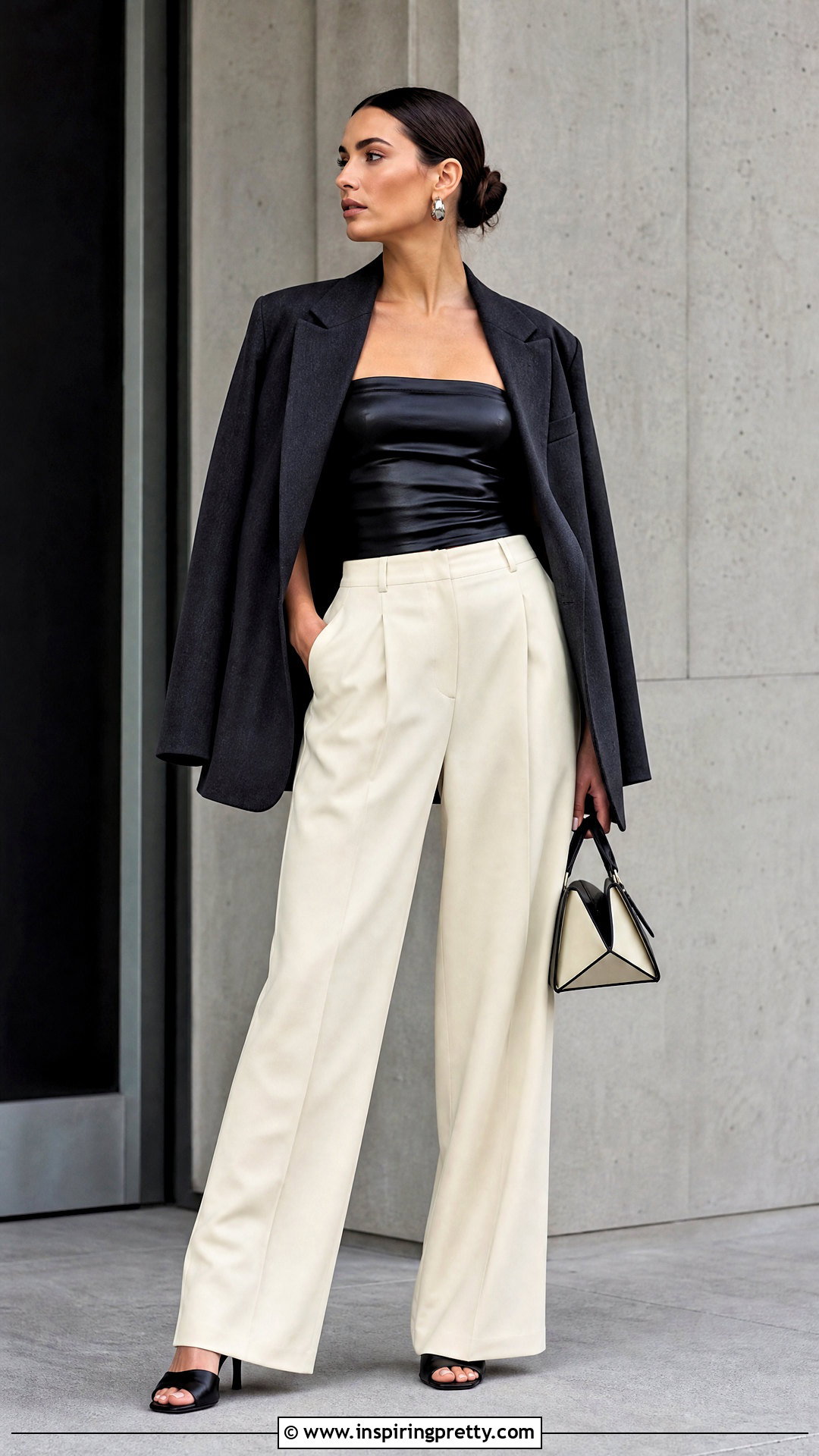 Leather Long Tube Top With Pleated Trousers - 50 Long Tube Top Outfit ideas