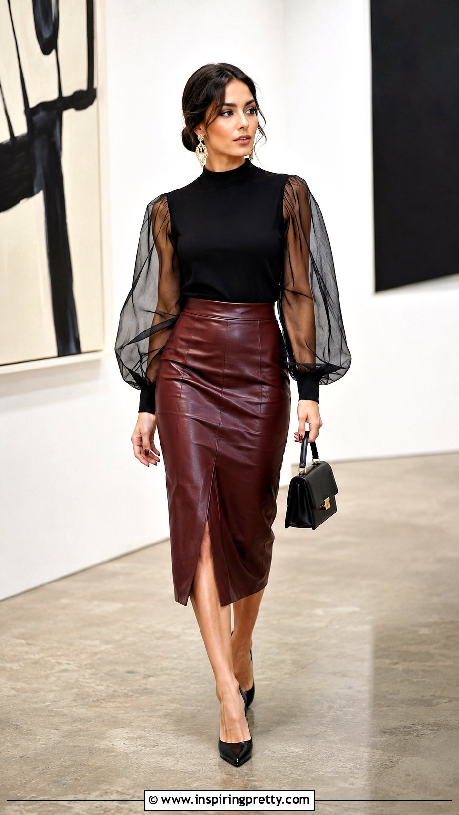 Leather Midi Skirt And Sheer Sleeve Top Party Outfit - 50 skirt and top party wear outfits