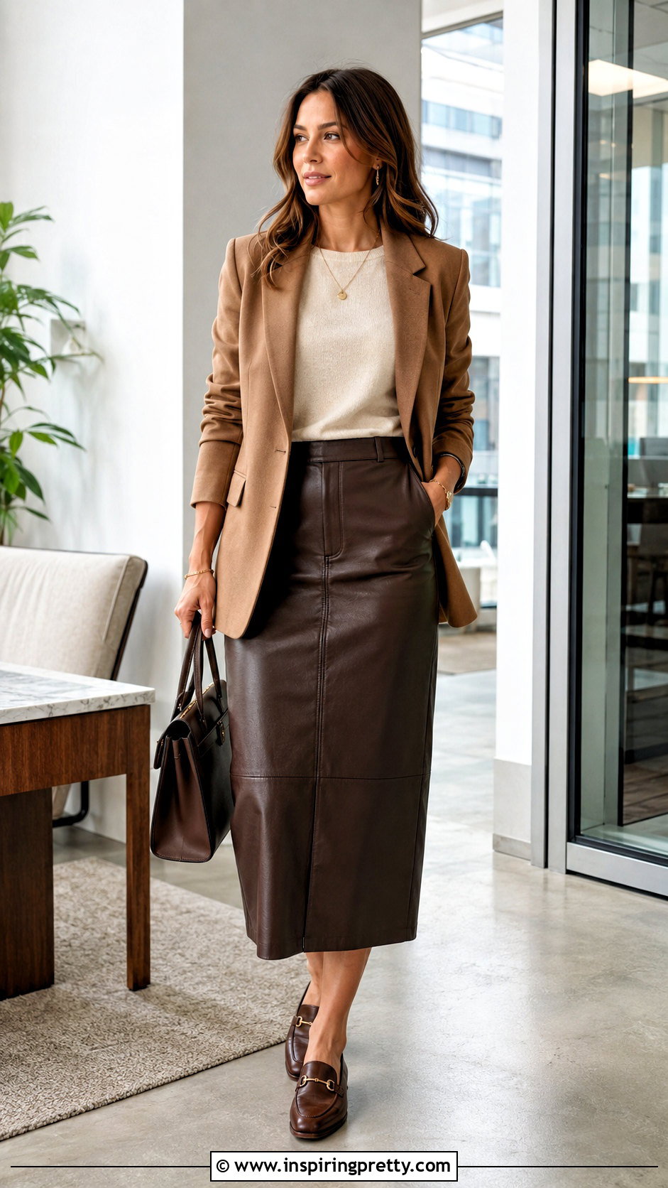 Leather Midi Skirt And Soft Knit Top - 20 Professional Skirt And Top outfit ideas