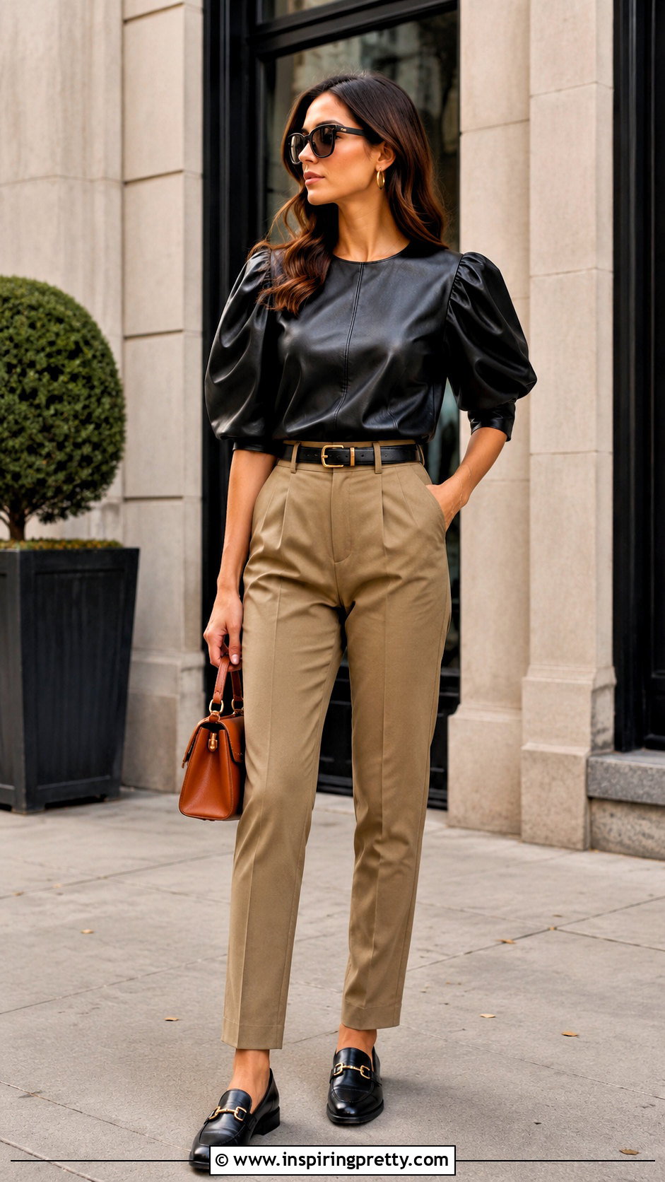 Leather Puff Sleeve Top With Khaki Trousers - 25 Leather Puff Sleeve Top outfit ideas