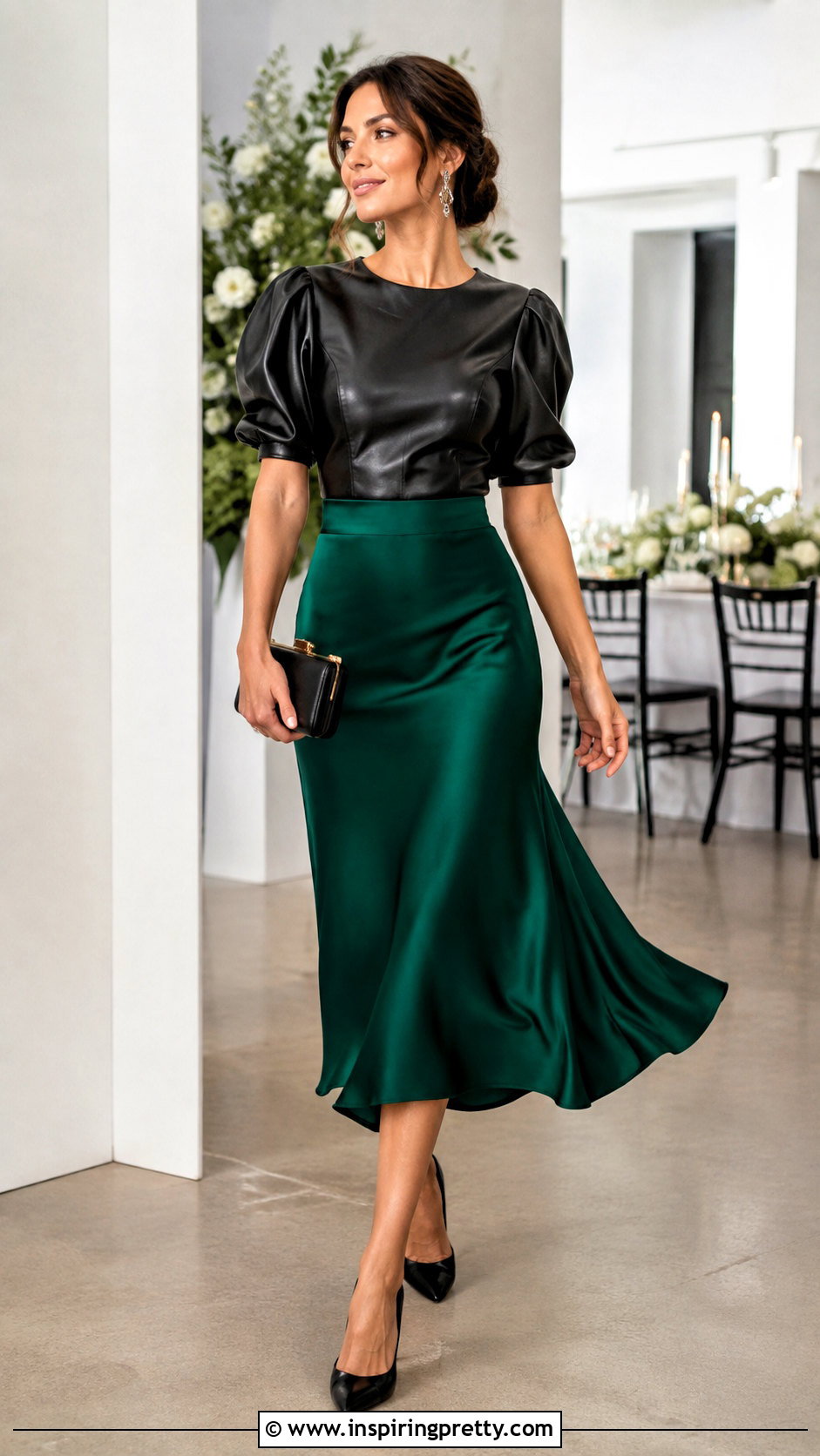 Leather Puff Sleeve Top With Satin Midi Skirt - 25 Leather Puff Sleeve Top outfit ideas