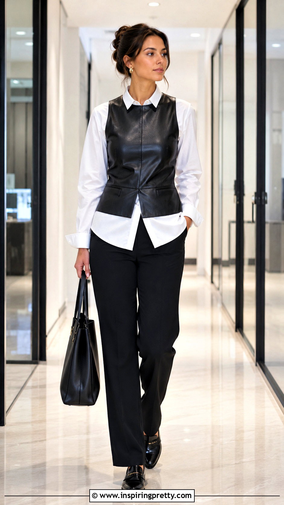 Leather Tank Top Over A White Button Down Shirt - 20 leather top outfit ideas