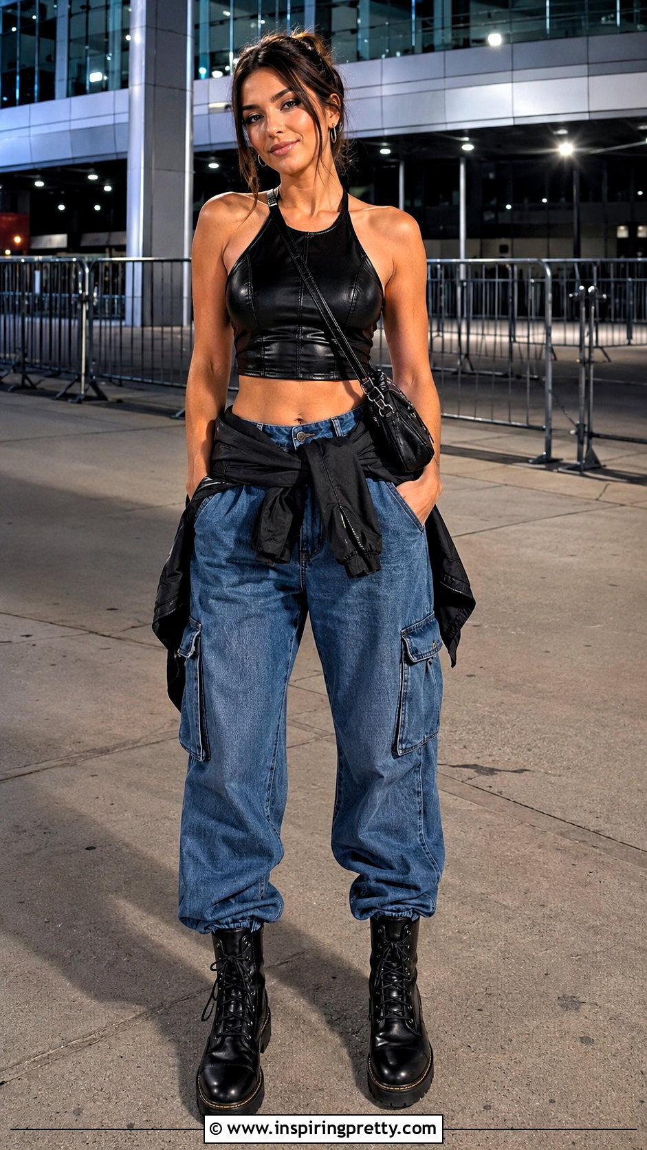 Leather Top Concert Outfit With Cargo Jeans - 50 leather tops outfit ideas