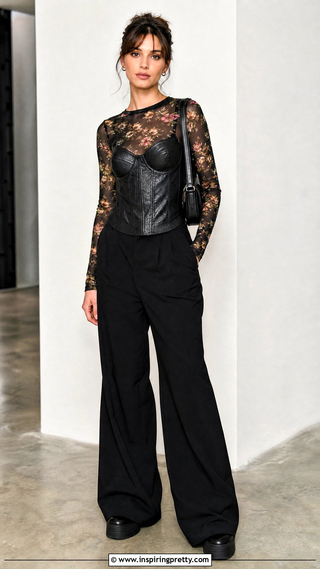 Leather Top Over Long Sleeve Mesh Top - 50 leather top outfit ideas