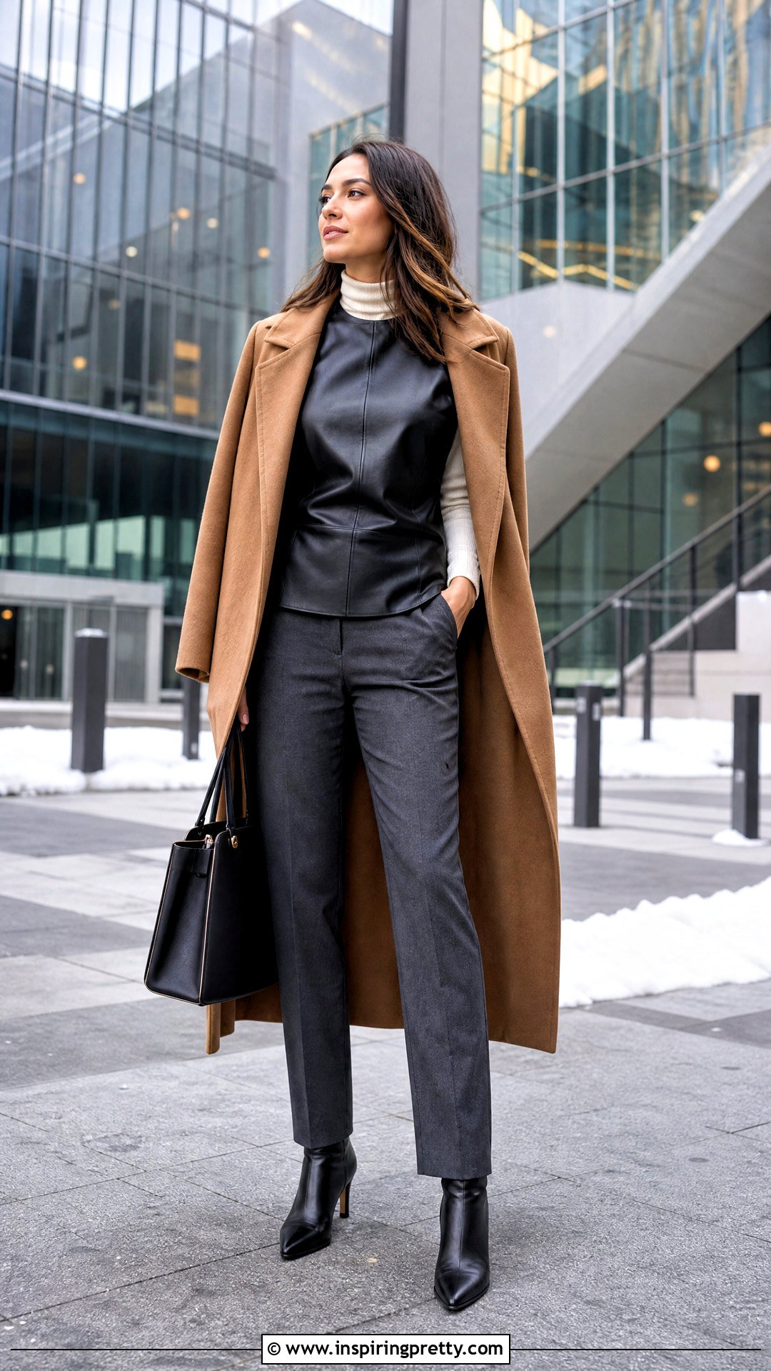Leather Top Over Turtleneck With Coat - 25 Leather Top Outfit Women