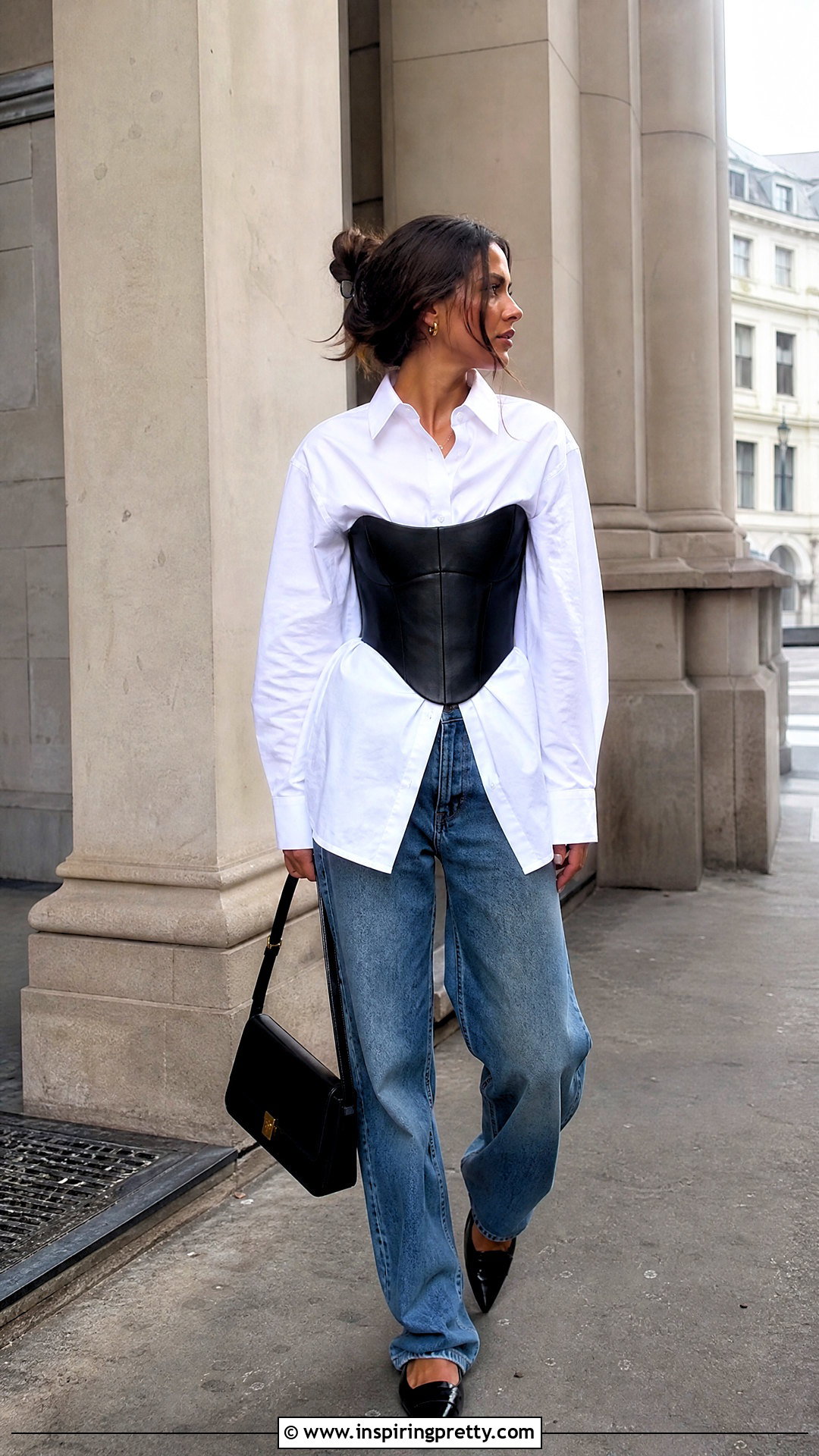 Leather Top Over White Button Down Shirt - 50 leather top outfit ideas