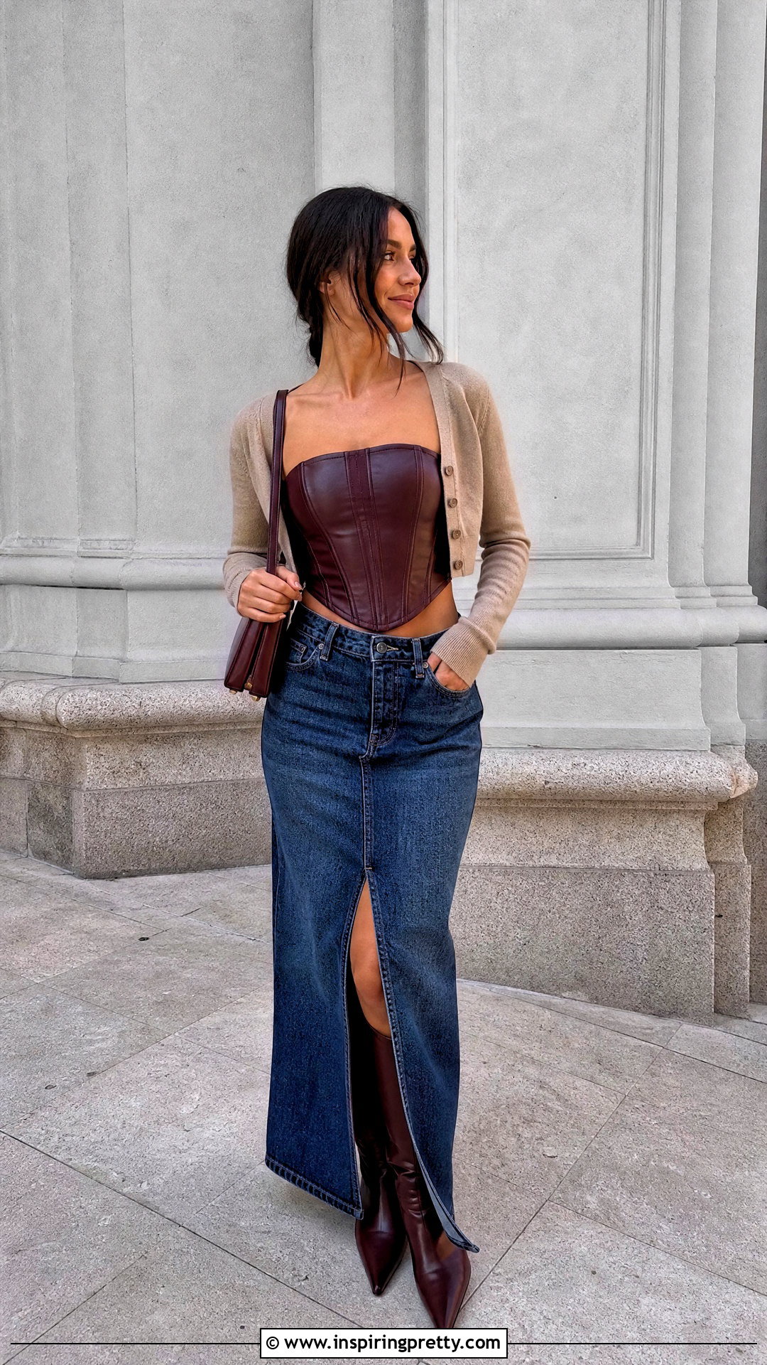 Leather Top With Denim Maxi Skirt - How To Style Leather Tops (25 Ways)