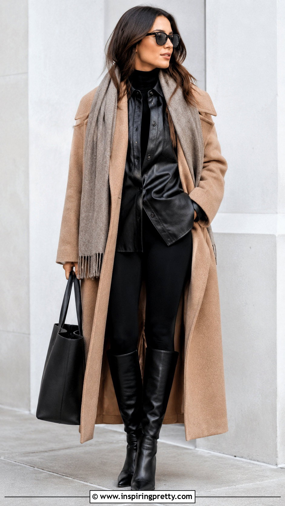 Leather Top With Leggings And Long Coat - 50 leather tops outfit ideas