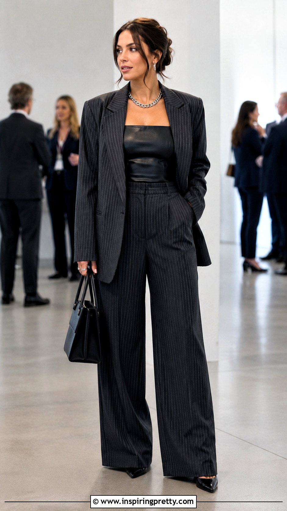 Leather Top With Pinstripe Pants - 50 leather tops outfit ideas