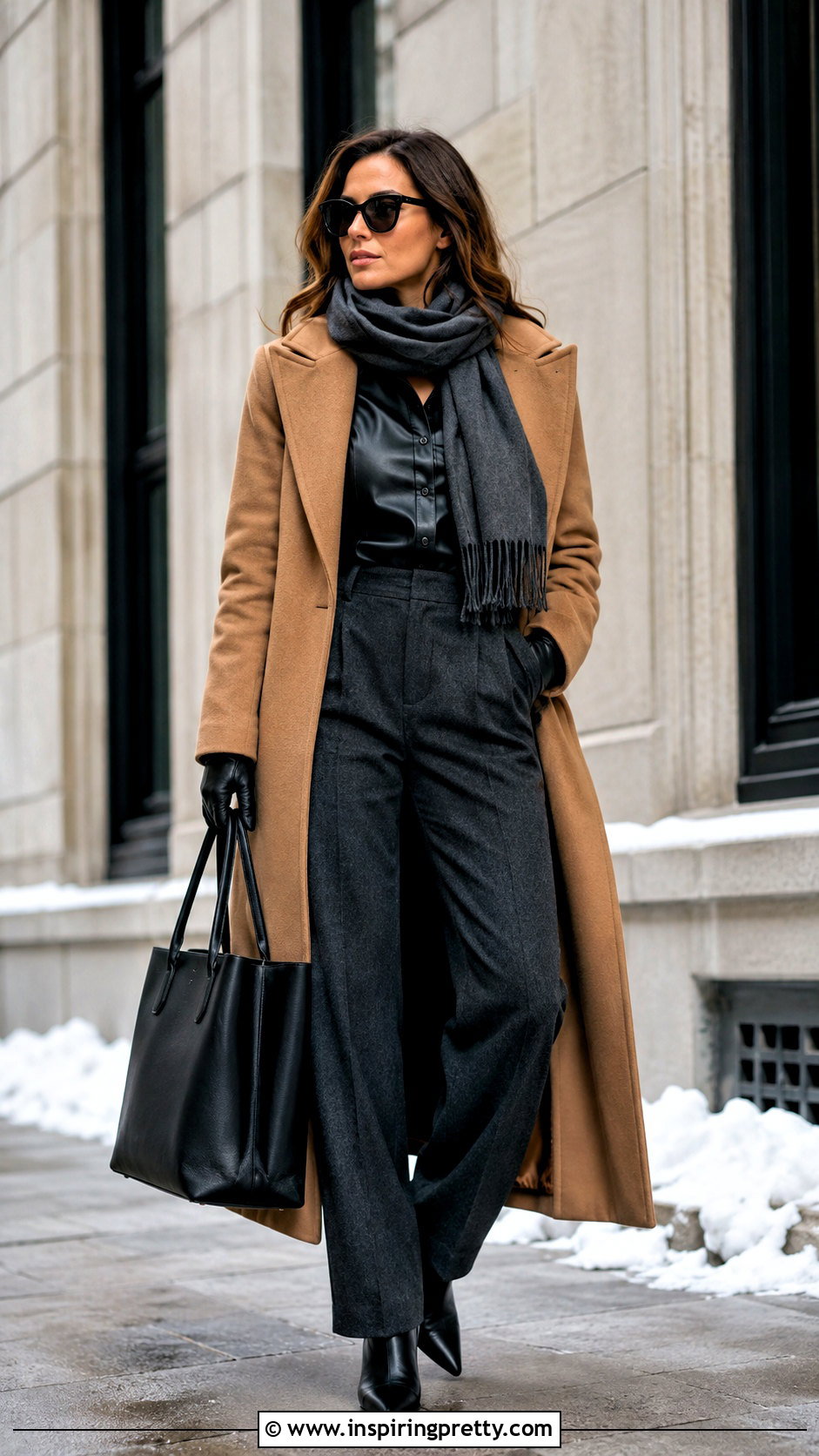 Leather Top With Wool Coat And Trousers - 50 leather tops outfit ideas