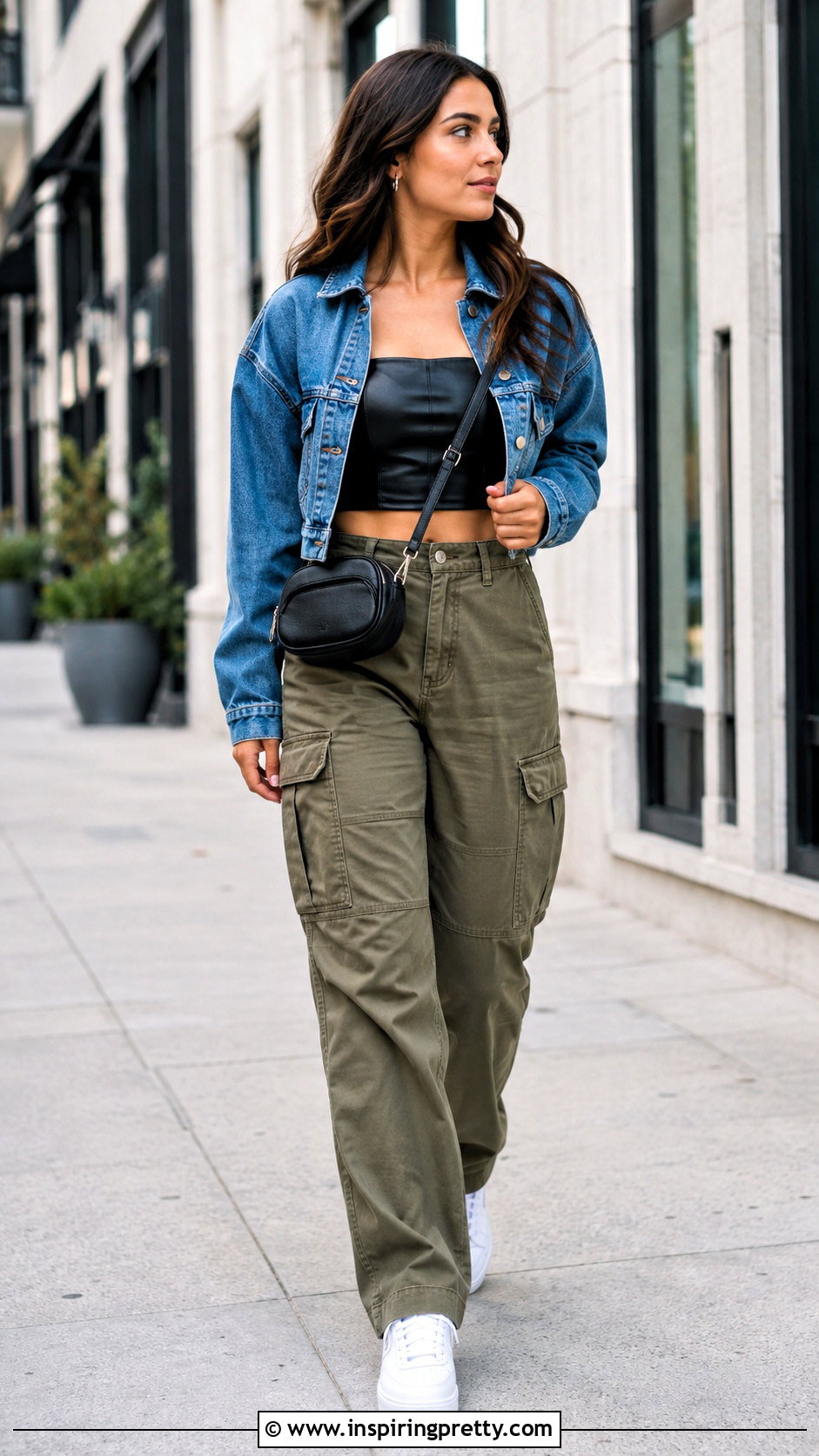 Leather Tube Top With Denim Jacket And Cargo Pants - 50 leather tube top outfit ideas
