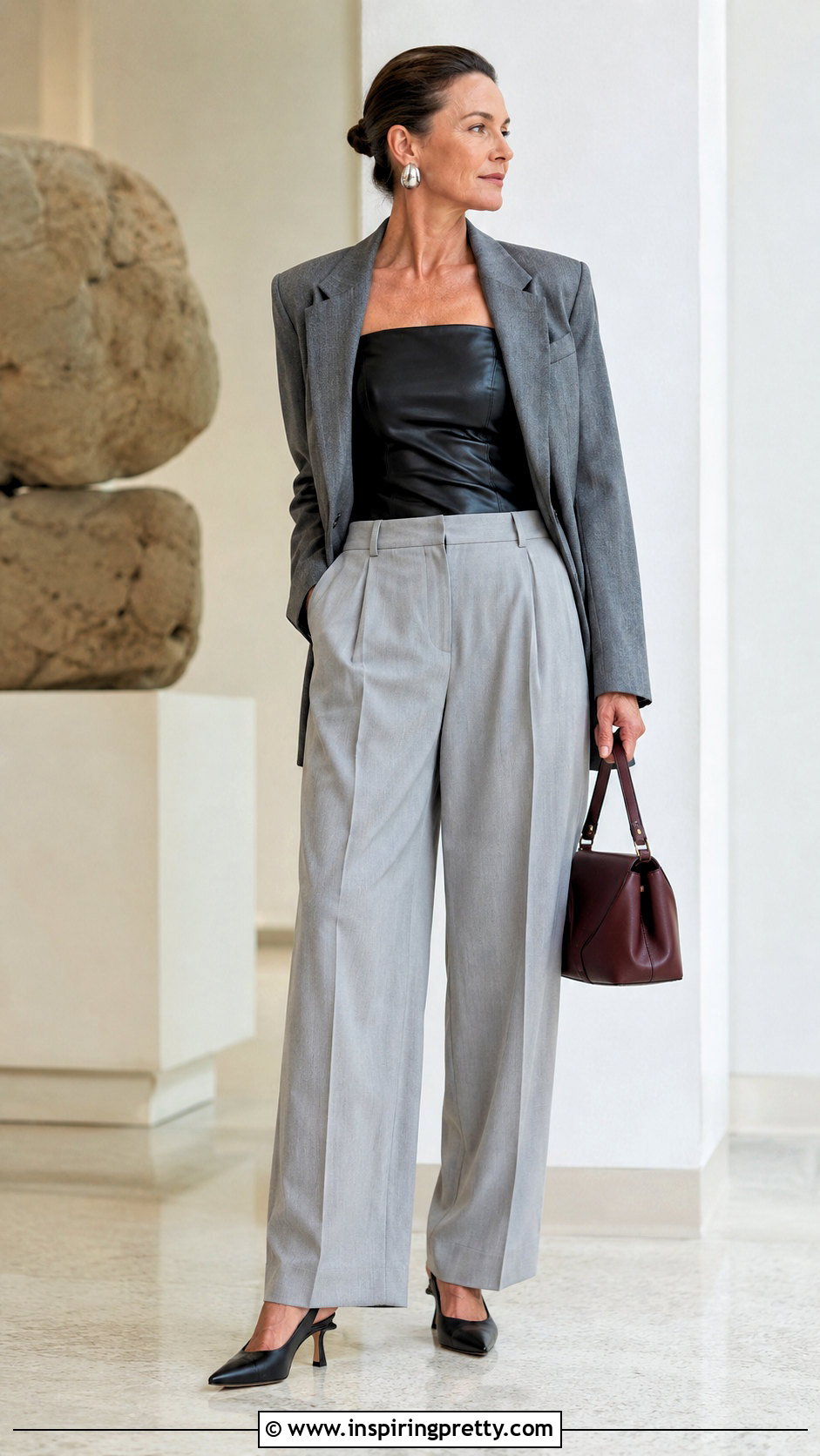 Leather Tube Top With Gray Trousers - 50 leather tube top outfit ideas