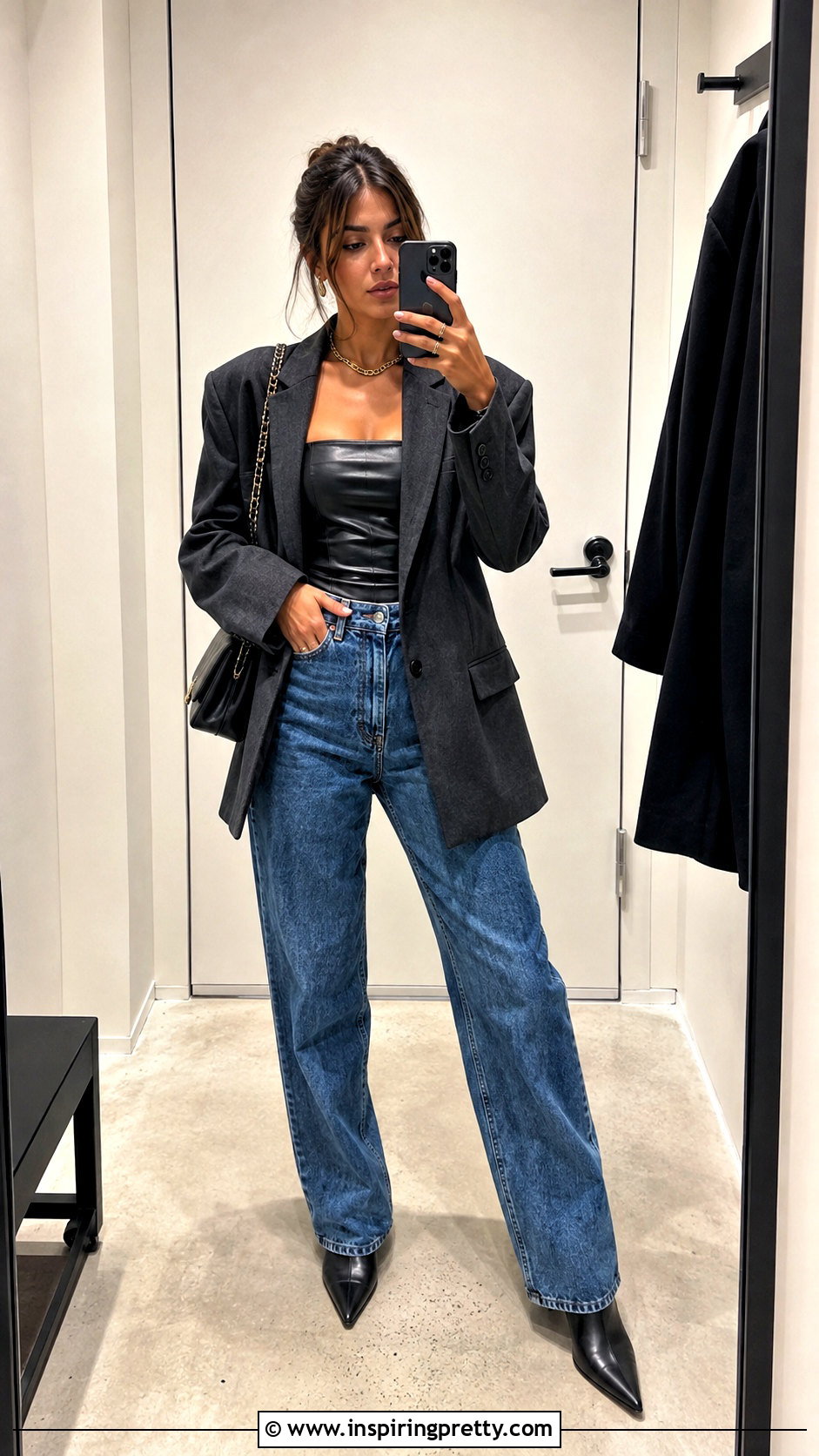 Leather Tube Top With Oversized Blazer And Jeans - 50 leather tops outfit ideas