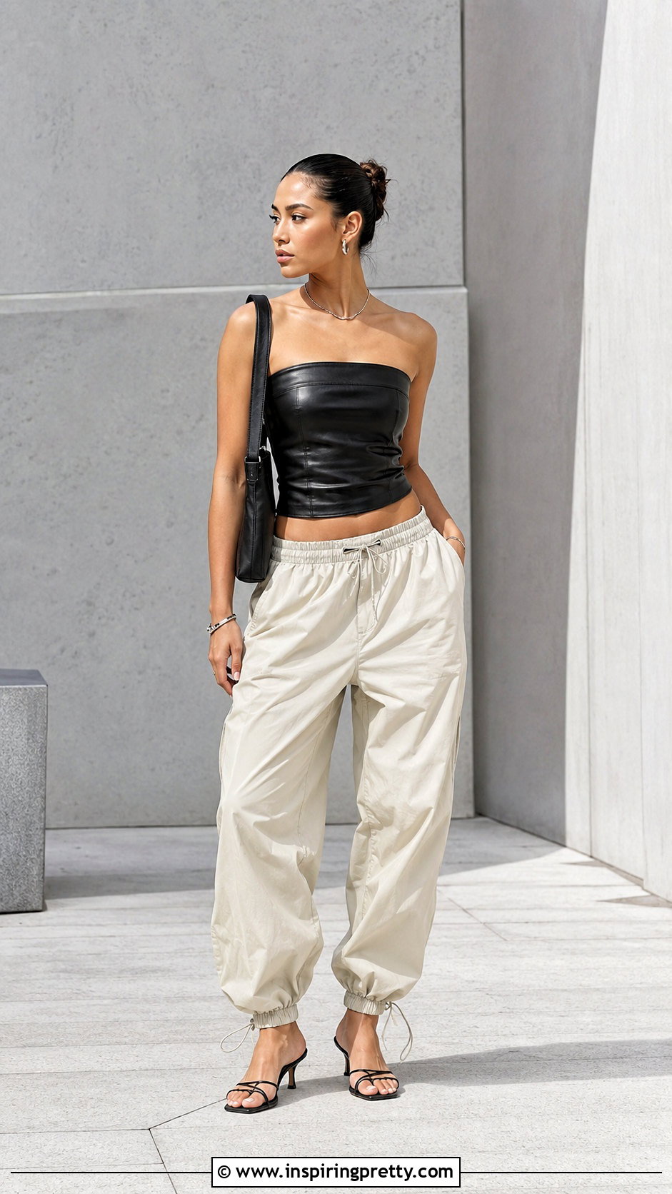 Leather Tube Top With Parachute Pants - 50 leather tube top outfit ideas