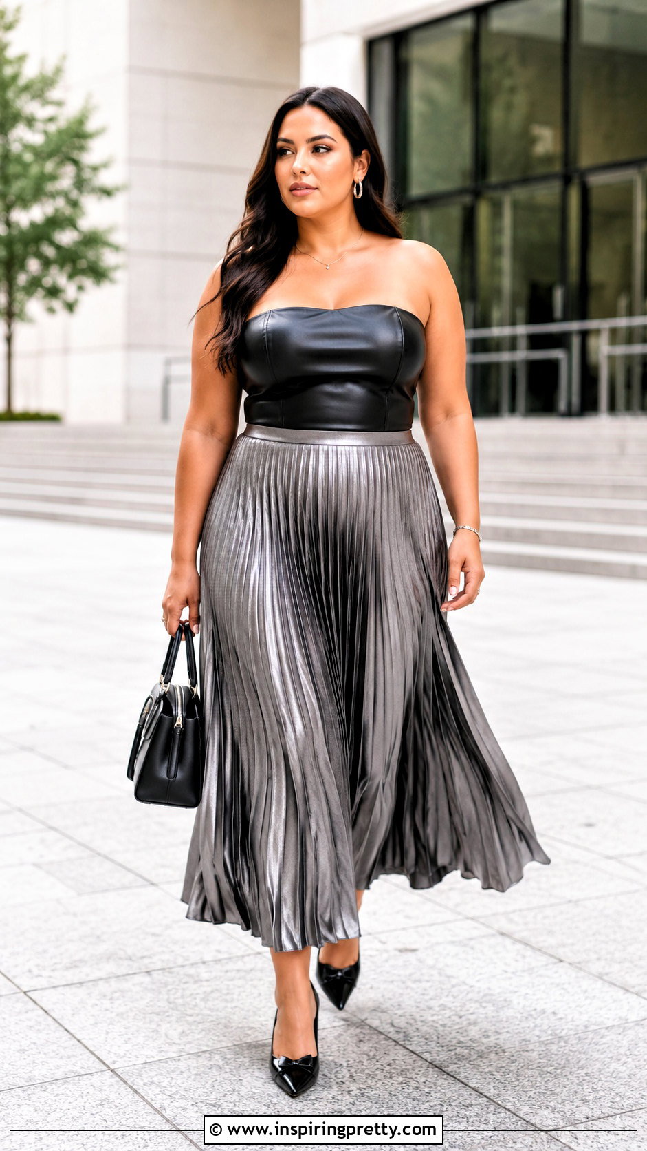 Leather Tube Top With Pleated Midi Skirt - 50 leather tube top outfit ideas