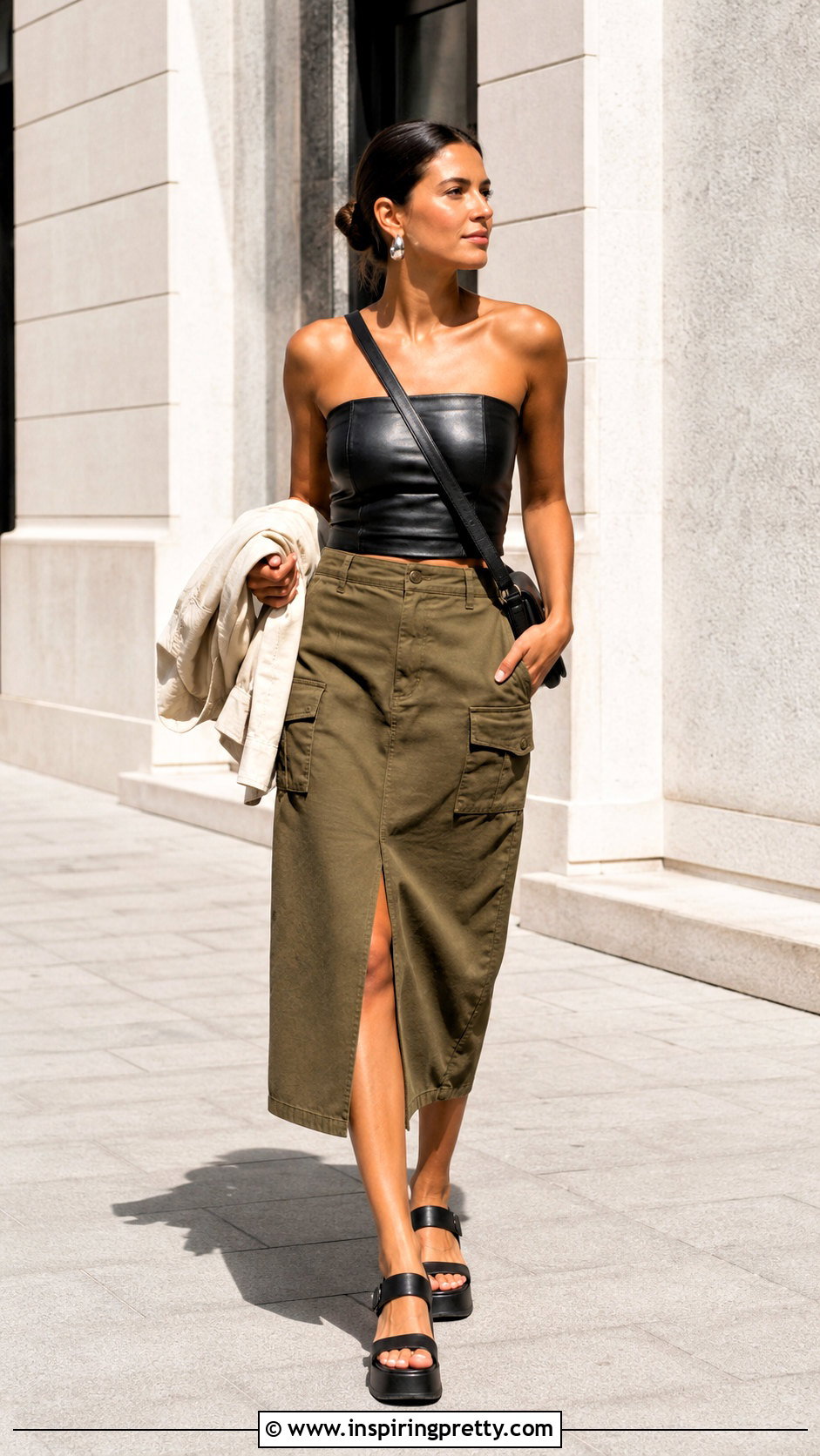 Leather Tube Top With Utility Midi Skirt - 50 leather tube top outfit ideas