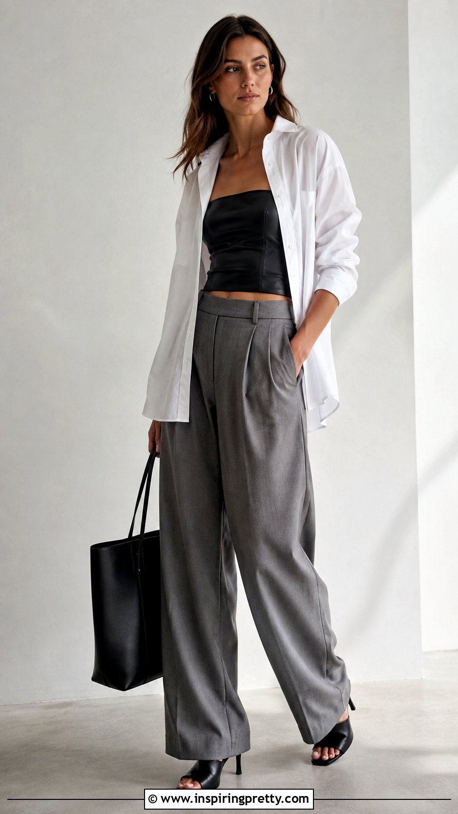 Leather Tube Top With White Shirt And Trousers - 50 leather tube top outfit ideas