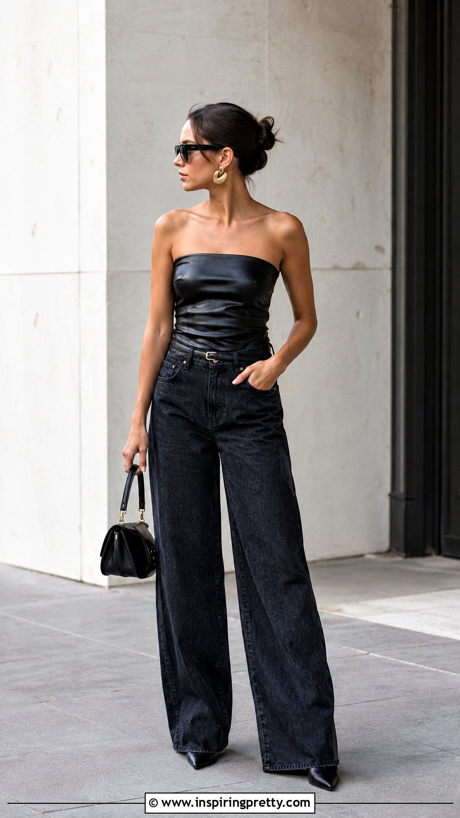 Leather Tube Top With Wide Leg Jeans - 50 leather tube top outfit ideas