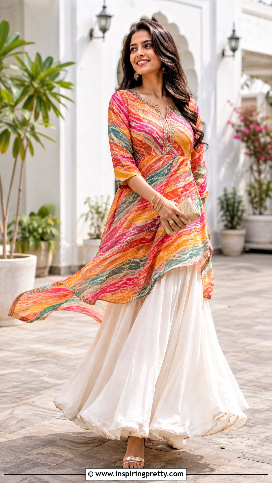 Leheriya Kurti Top With Long Skirt - 50 kurti top designs for women