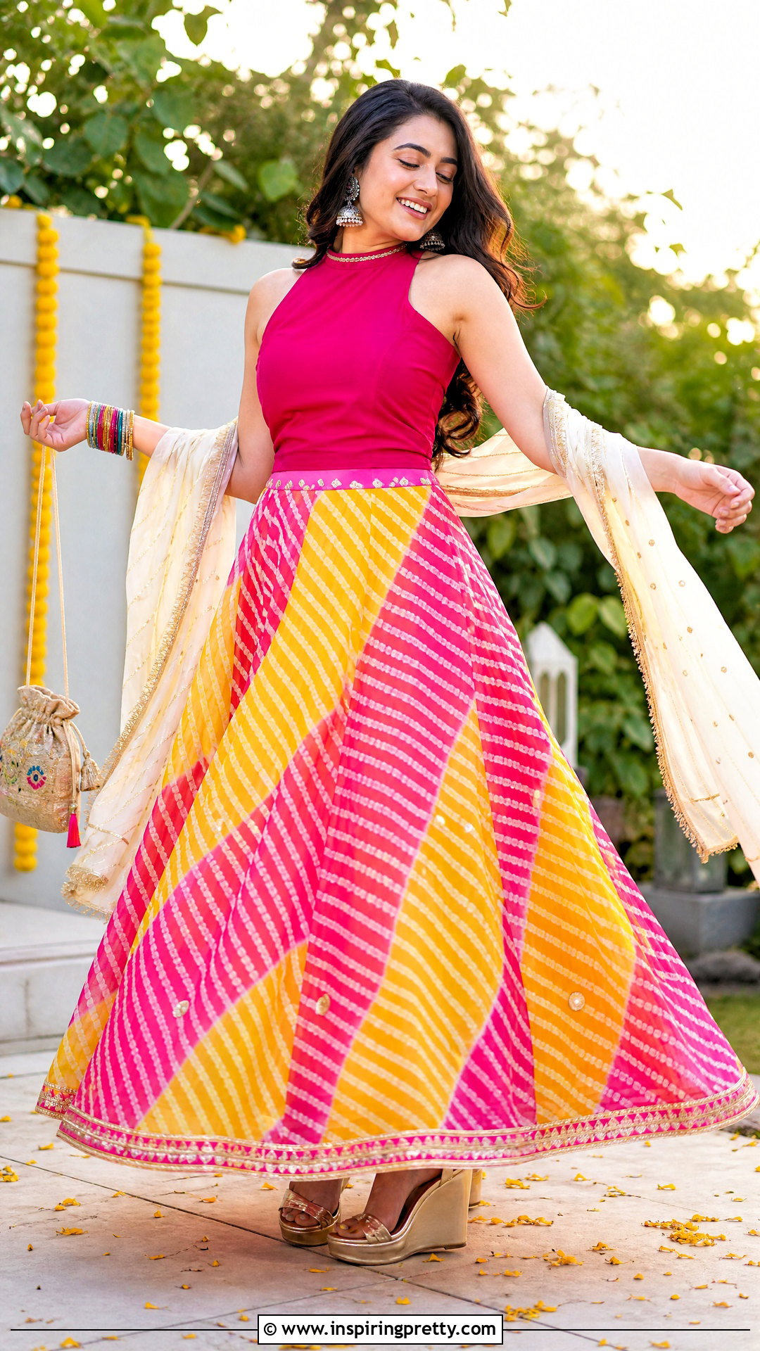 Leheriya Skirt And Sleeveless Blouse - 50 skirt and top traditional outfit ideas