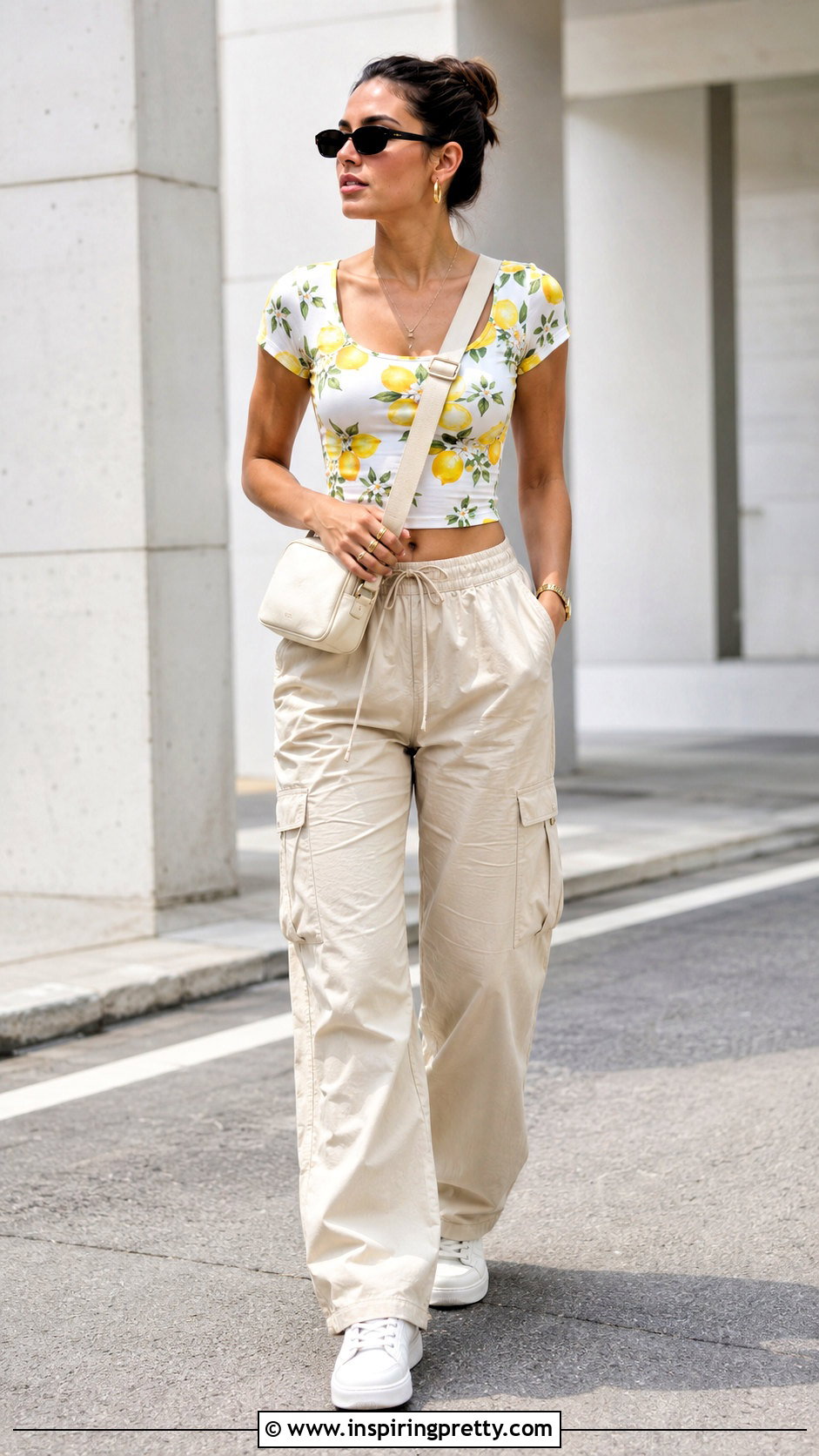 Lemon Print Top With Beige Cargo Pants - 20 Summer Lemon Print Top outfit ideas