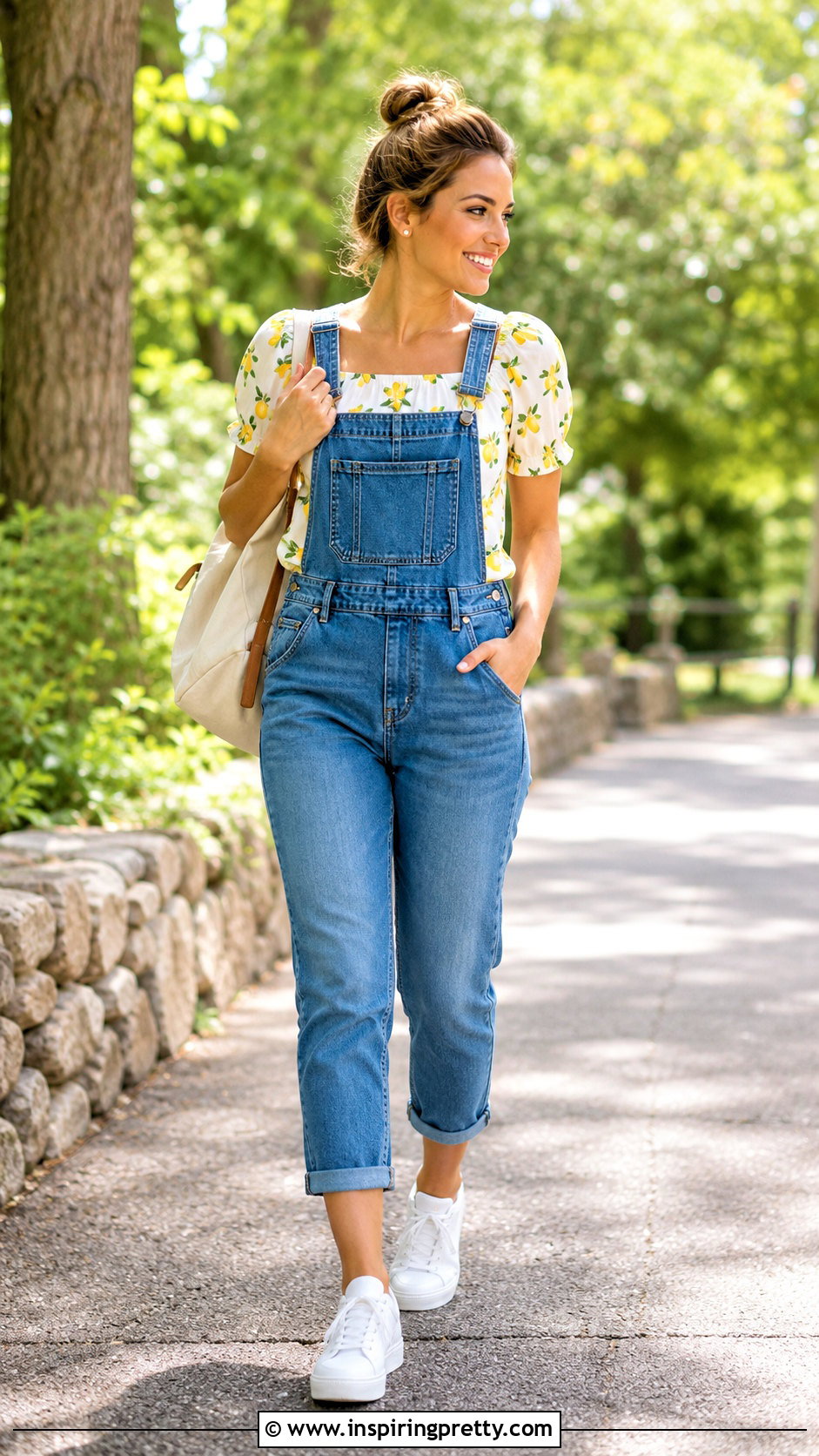 Lemon Print Top With Denim Overalls - 20 Summer Lemon Print Top outfit ideas