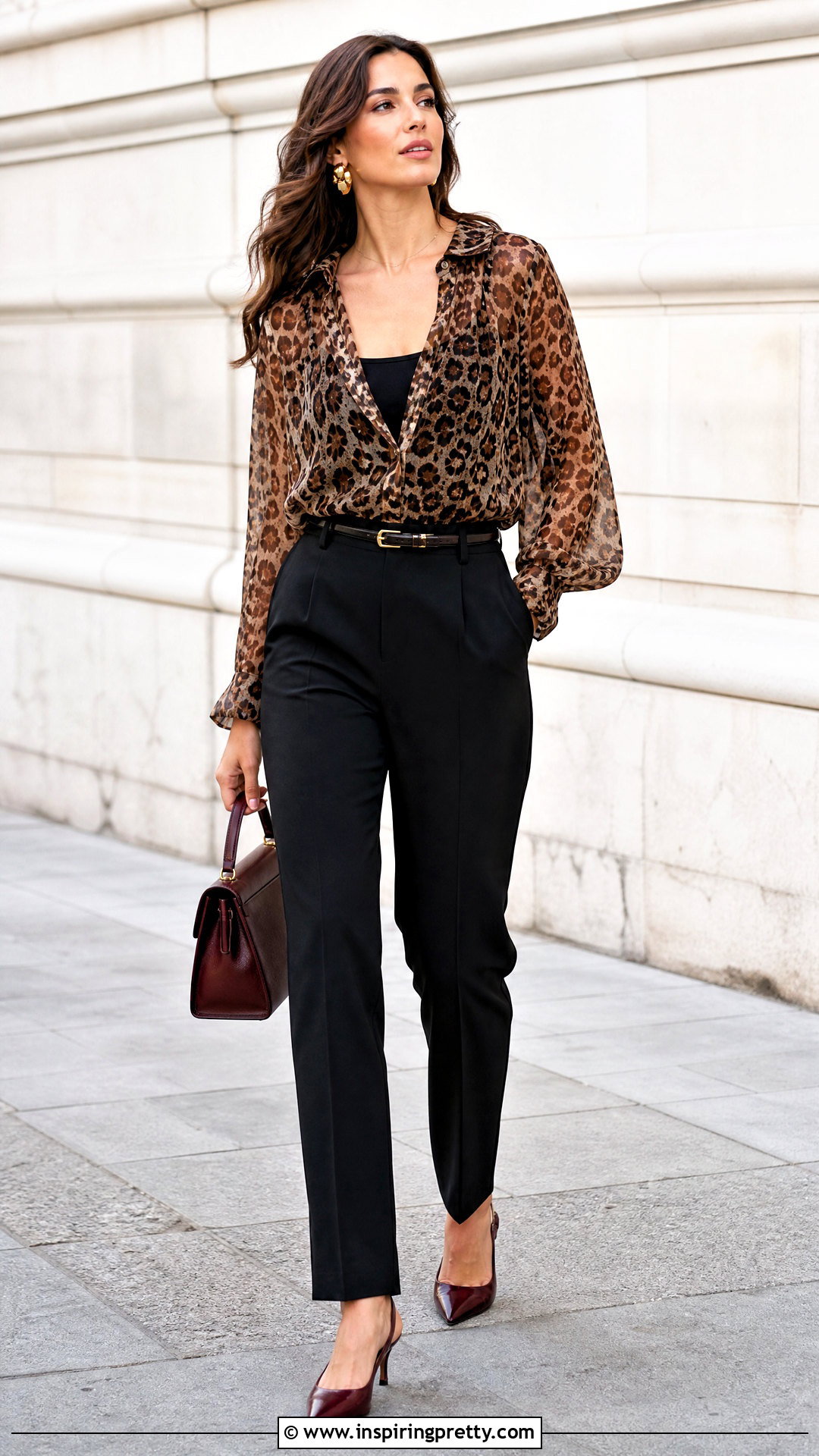 Leopard Chiffon Top With Black Trousers - 50 trending tops for women