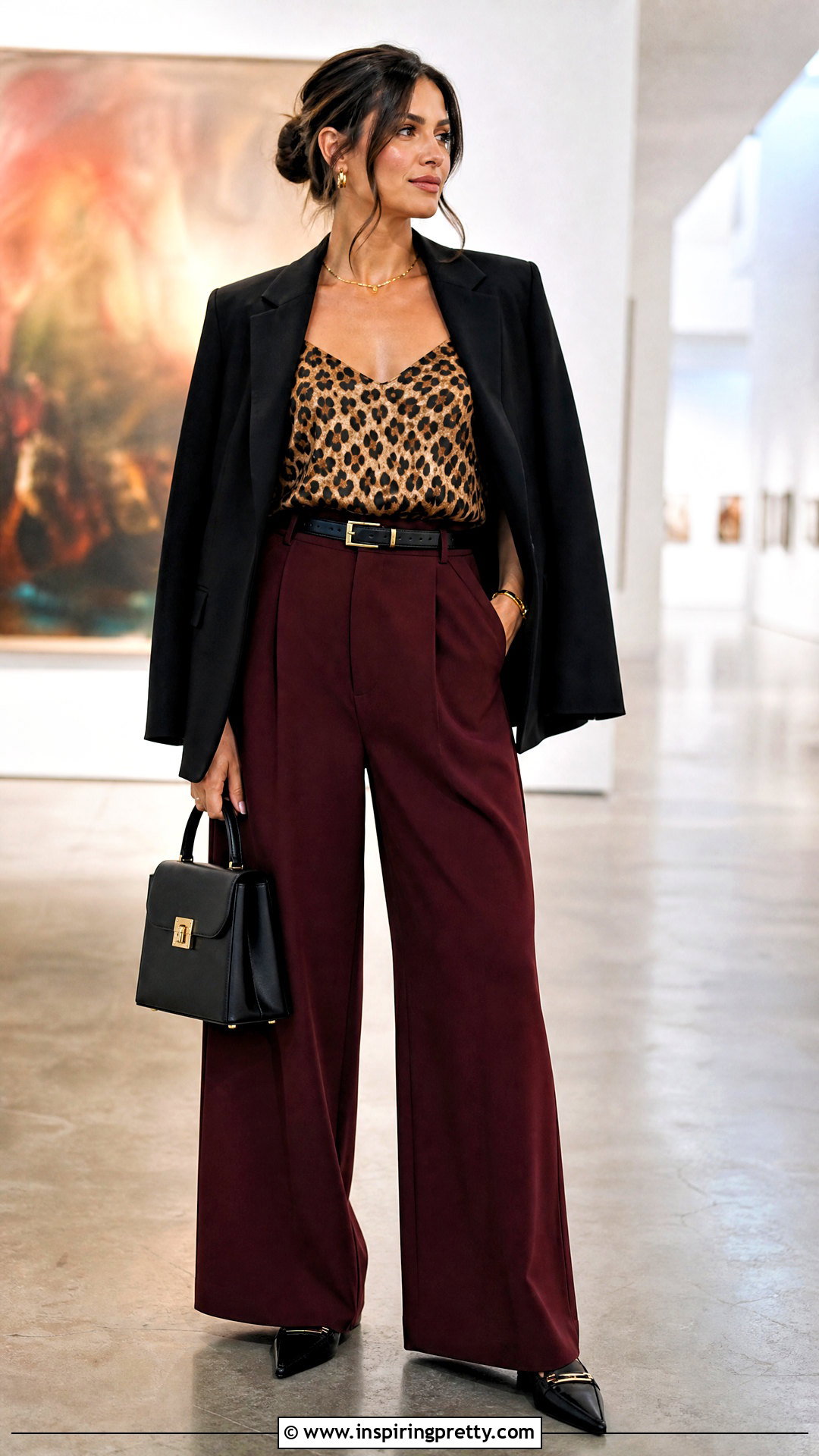 Leopard Print Camisole Top With Burgundy Trousers - 20 leopard print camisole top outfit ideas