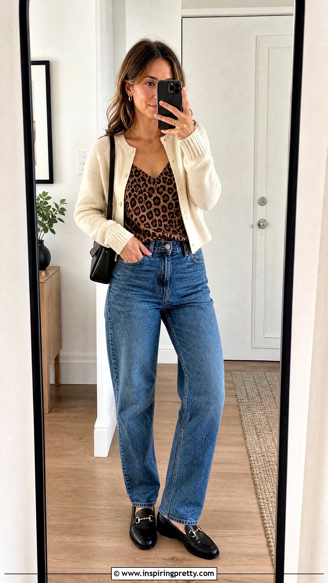 Leopard Print Camisole Top With Cardigan And Jeans - 20 leopard print camisole top outfit ideas