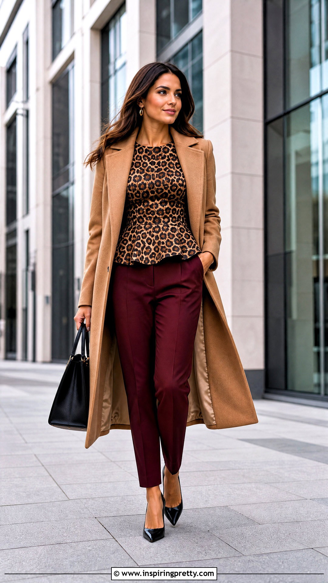 Leopard Print Peplum Top With Burgundy Trousers - 25 leopard print peplum top outfit ideas