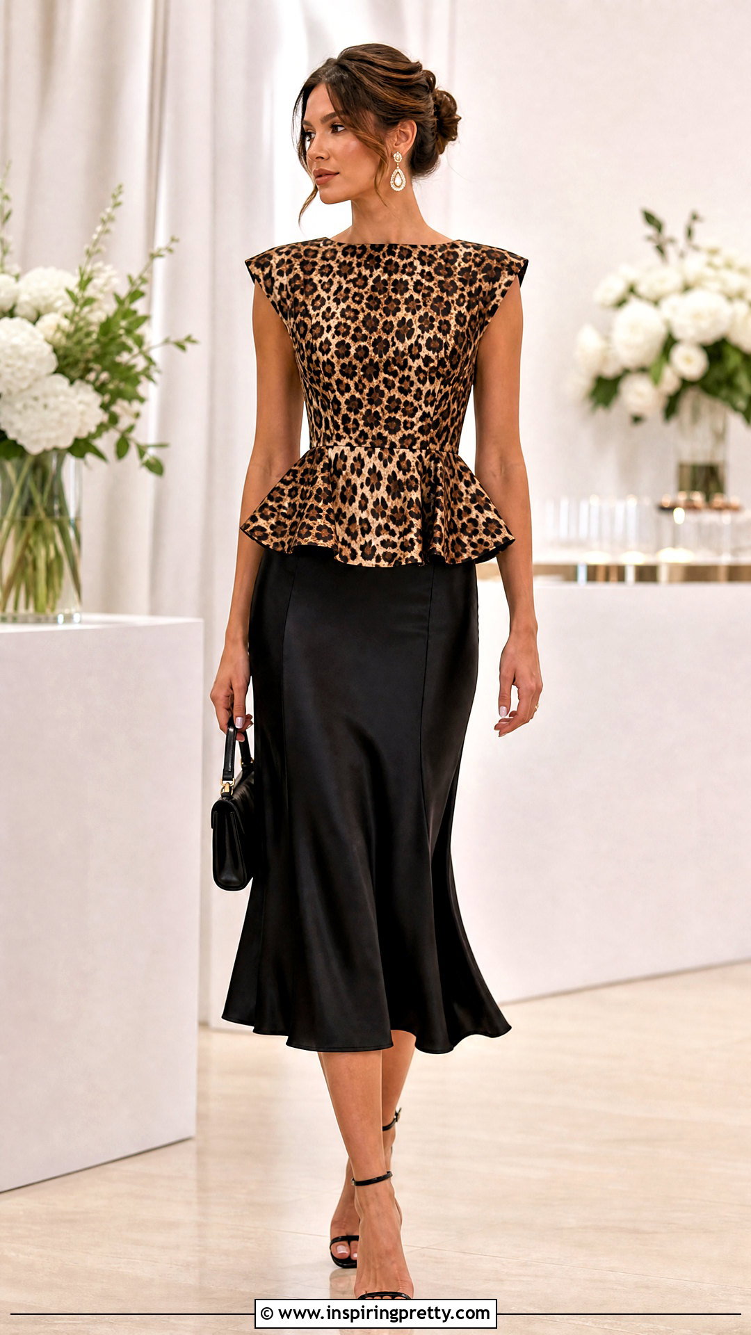 Leopard Print Peplum Top With Satin Midi Skirt - 25 leopard print peplum top outfit ideas