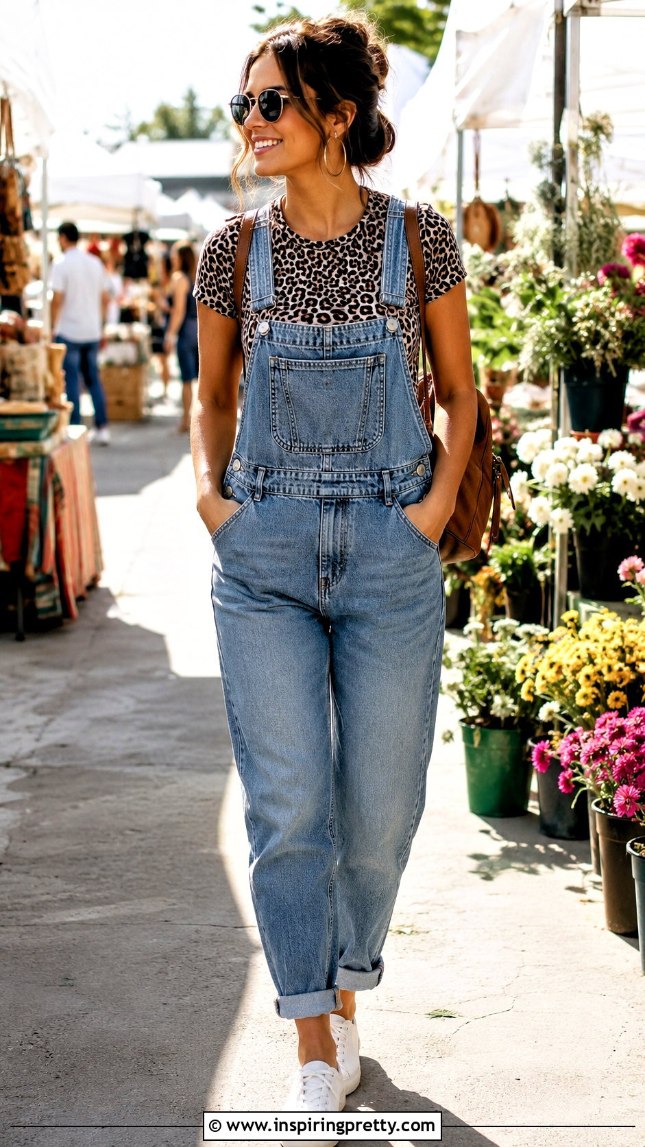 Leopard Print Top With Denim Overalls - 50 leopard print top outfit ideas