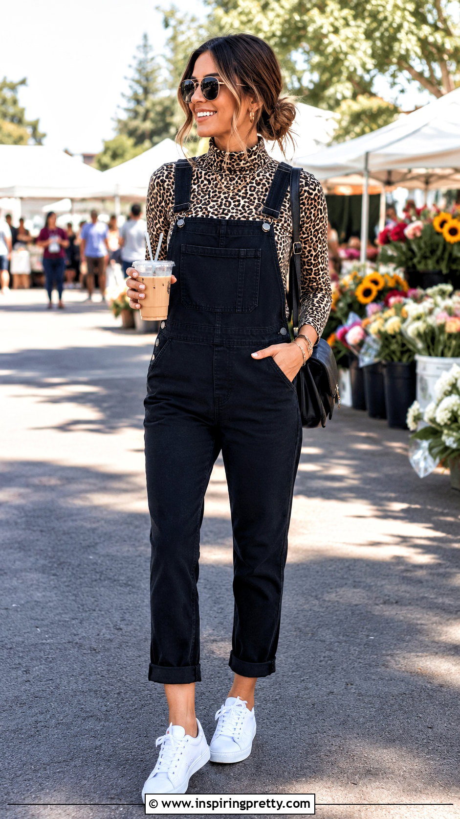 Leopard Print Turtleneck Top With Black Overalls - 20 leopard print turtleneck top outfit ideas