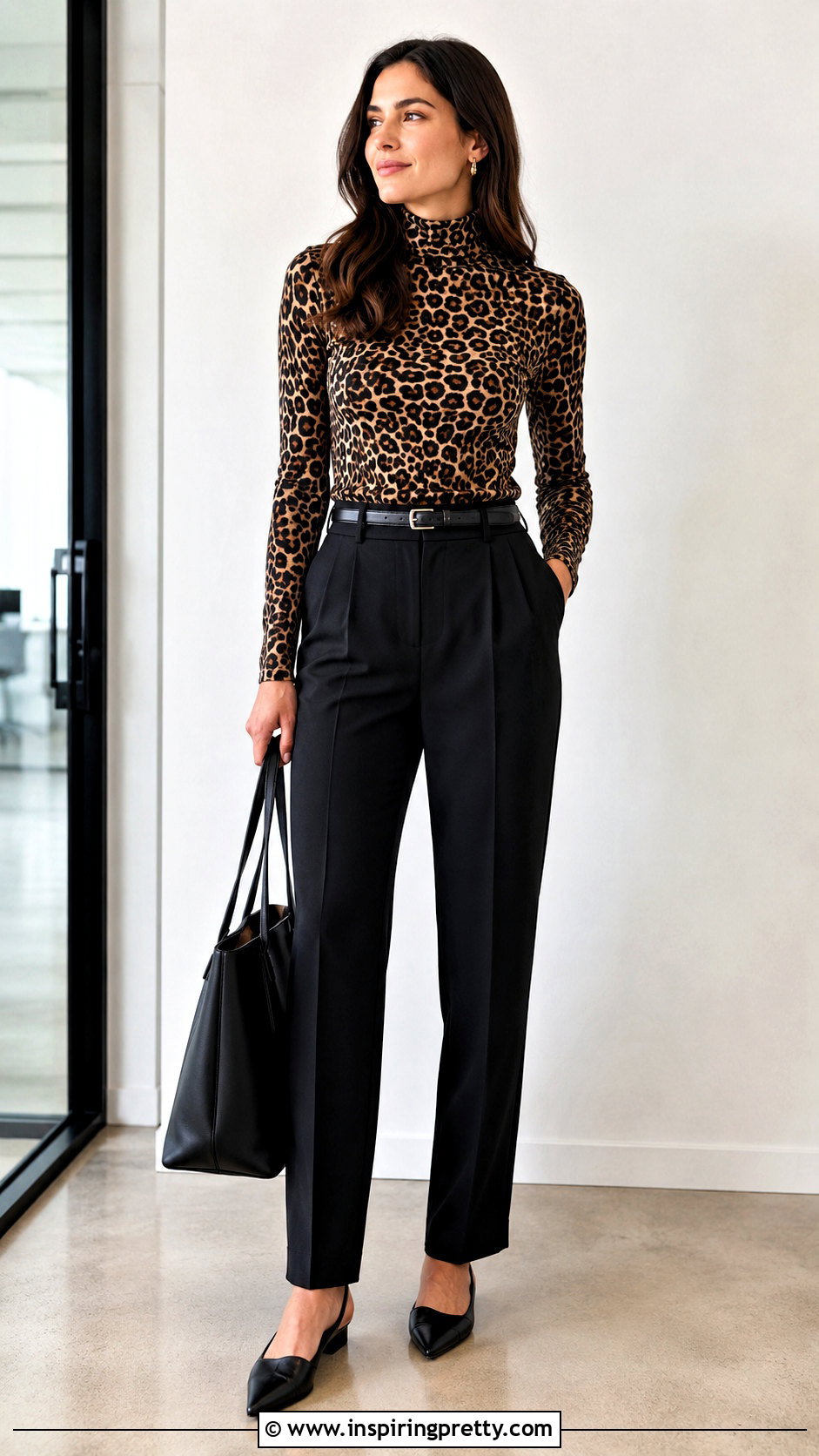 Leopard Print Turtleneck Top With Black Trousers - 20 leopard print turtleneck top outfit ideas